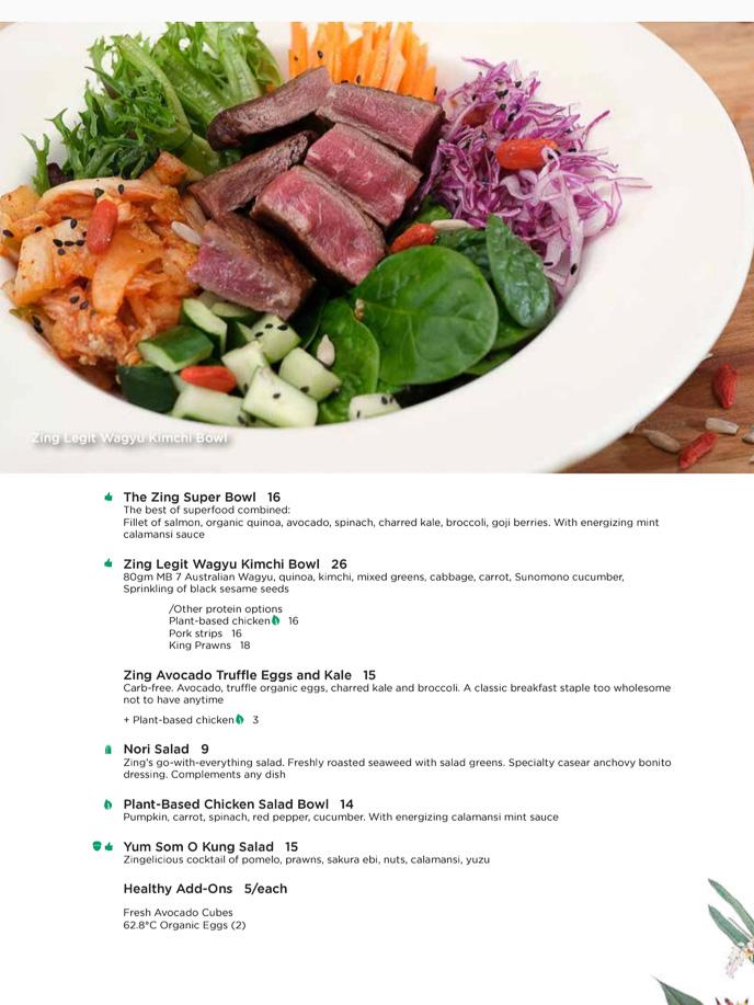 Menu of Zing at PLQ