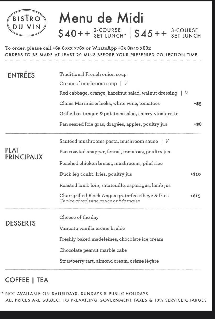 Bistro Du Vin - Affordable French Restaurant in Singapore Menu 2022