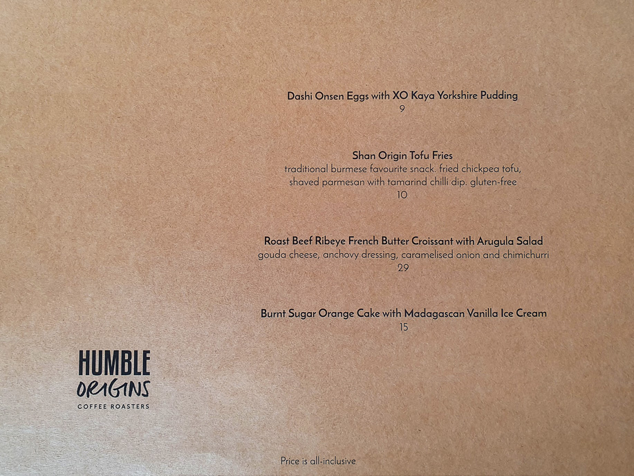 Humble Origins Coffee Roasters Menu