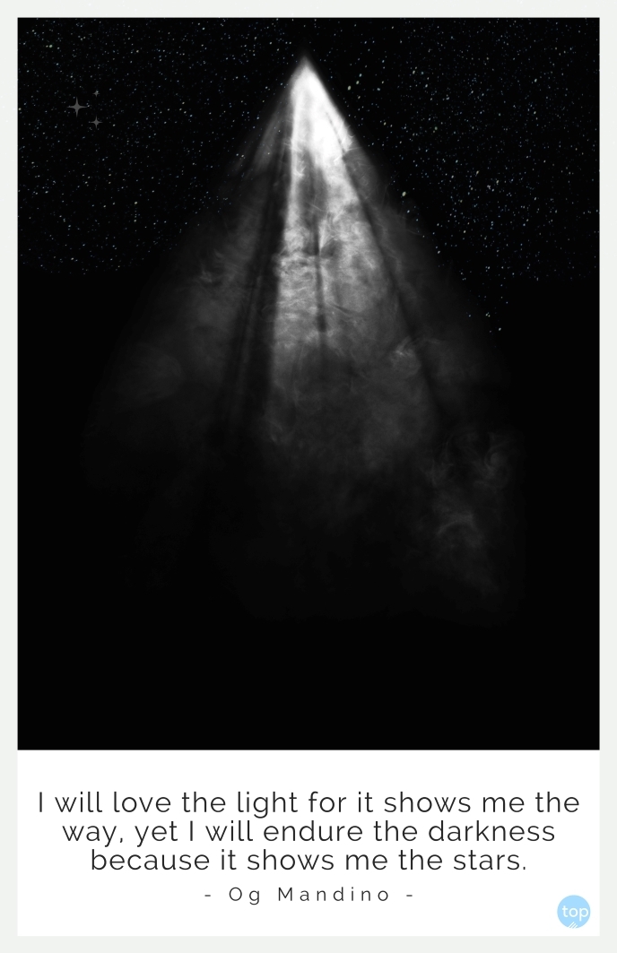 I will love the light for it shows me the way, yet I will endure the darkness because it shows me the stars.- Og Mandinoquote