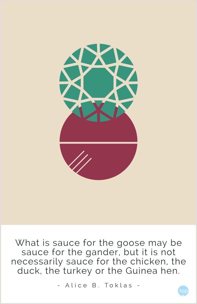 What is sauce for the goose may be sauce for the gander, but it is not necessarily sauce for the chicken, the duck, the turkey or the Guinea hen.Alice B. Toklasquote