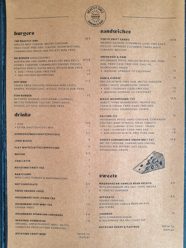 Beastly Girls Sandwich Bar Menu