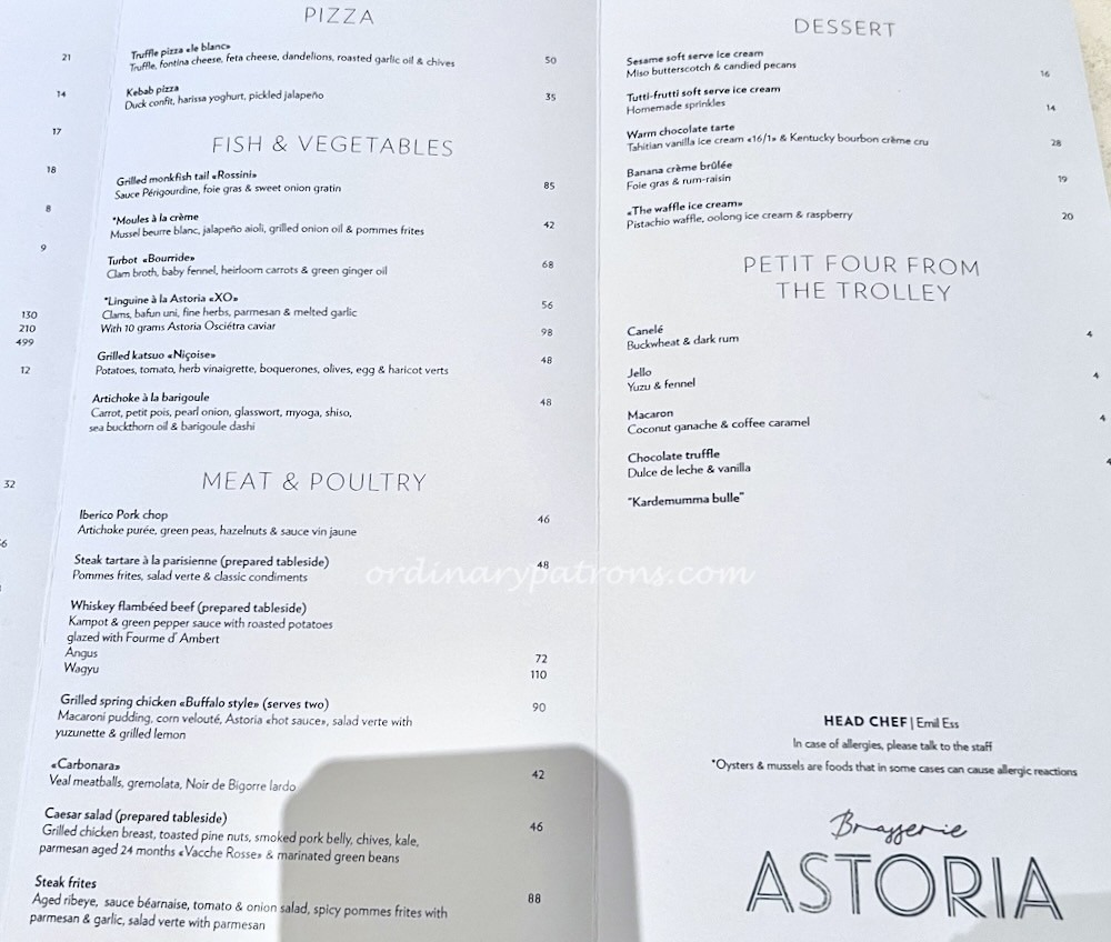 Brasserie Astoria Singapore Menu