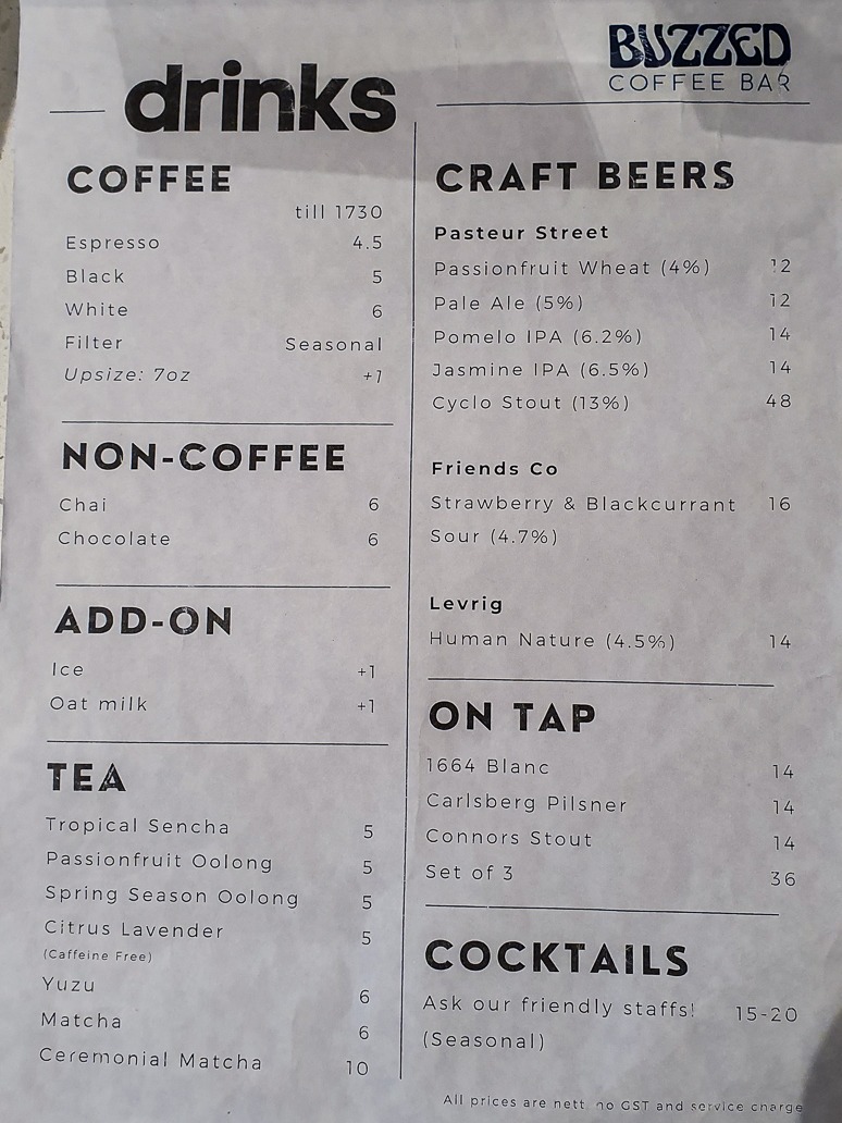 Drinks Menu of Buzzed Coffee Bar