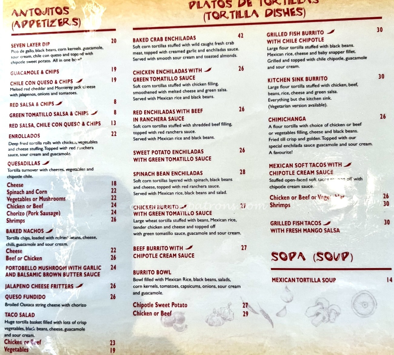 Comida Mexicana Menu