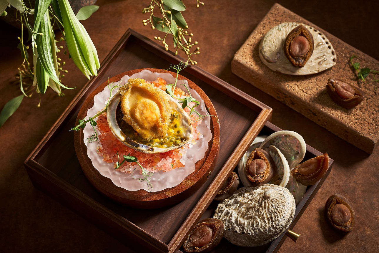 Signature Deep-fried Crispy South Africa Fresh Abalone, Prawn Paste, and Passion Fruit Sauce - Pan Pacific Singapore.