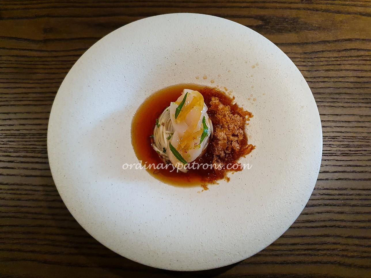 Starter at Imbue - Chilled noodles, with scallops, citrus, plum consommé, beef granita 