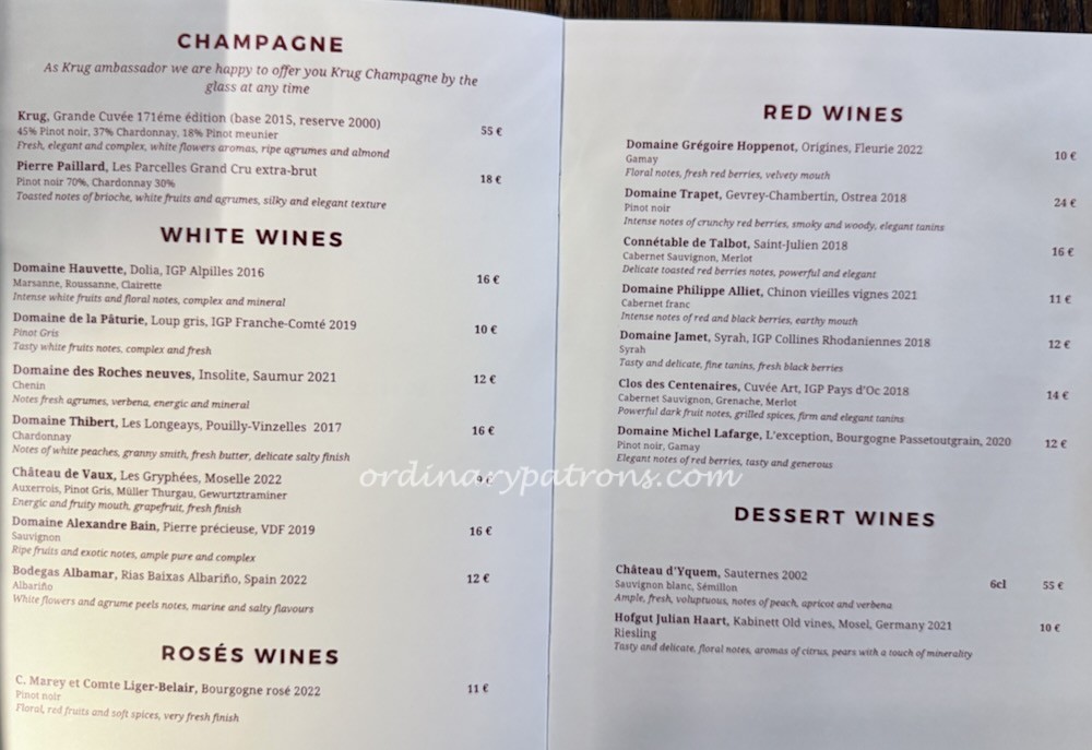 La Table des Caves Paris wine Menu