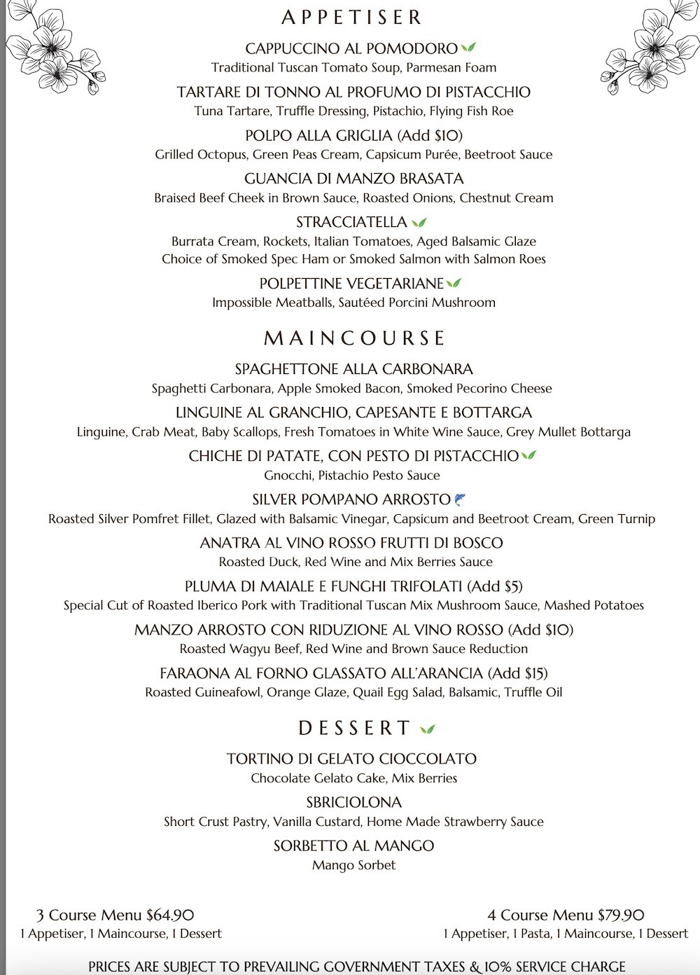 Casa Pietrasanta menu