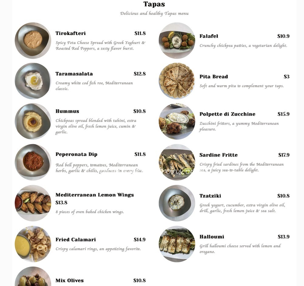 Hapiha Mediterranean Tavern Menu