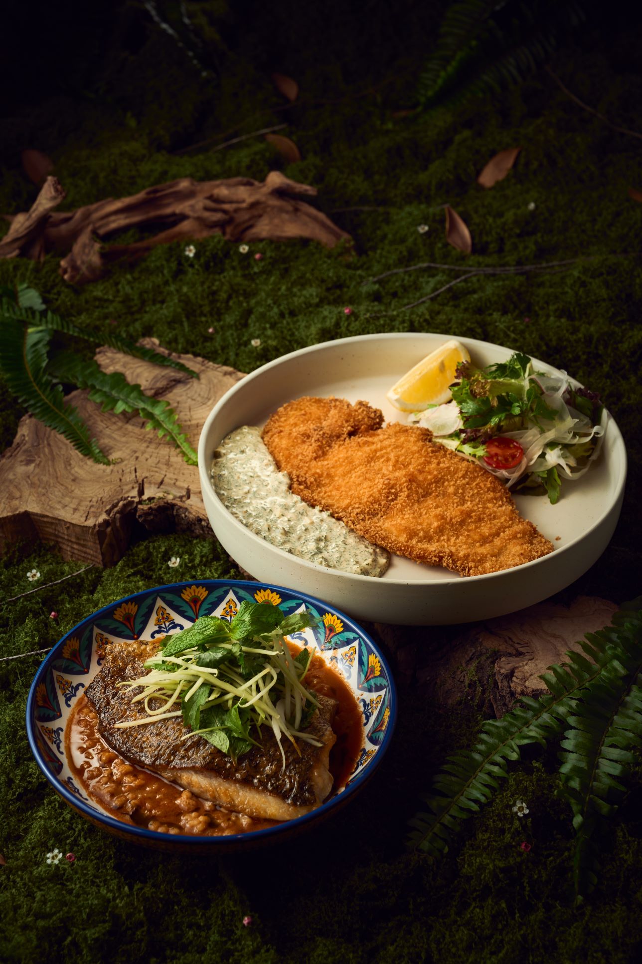 Chicken Schnitzel, S$28 and Red Curry Barramundi, S$38