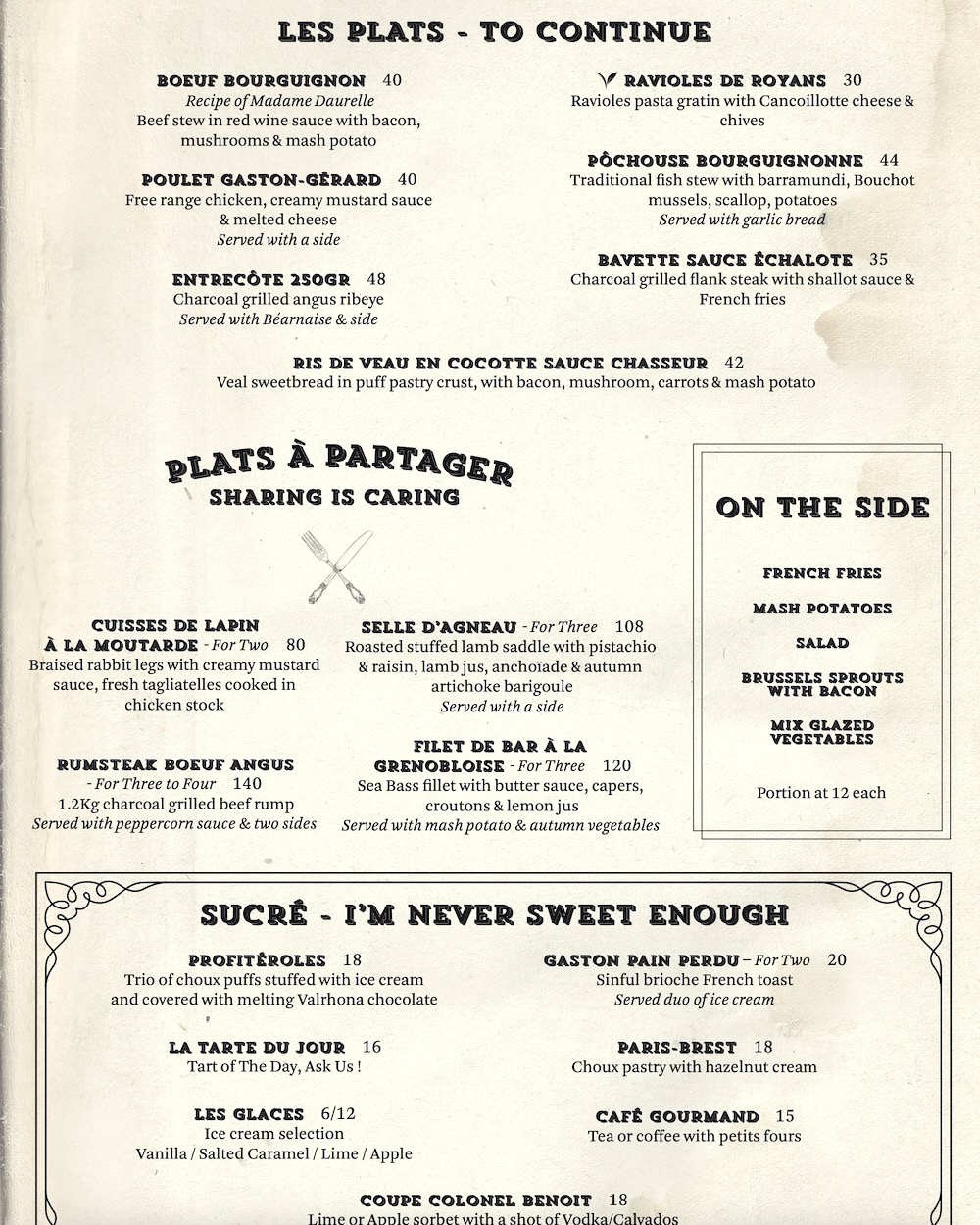 Bistro Gaston French Restaurant menu