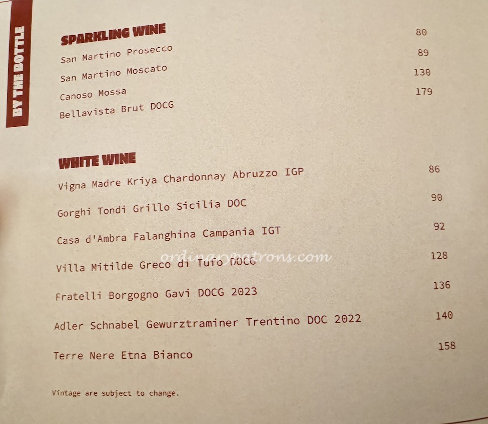 Fortuna Italian Restaurant wine list