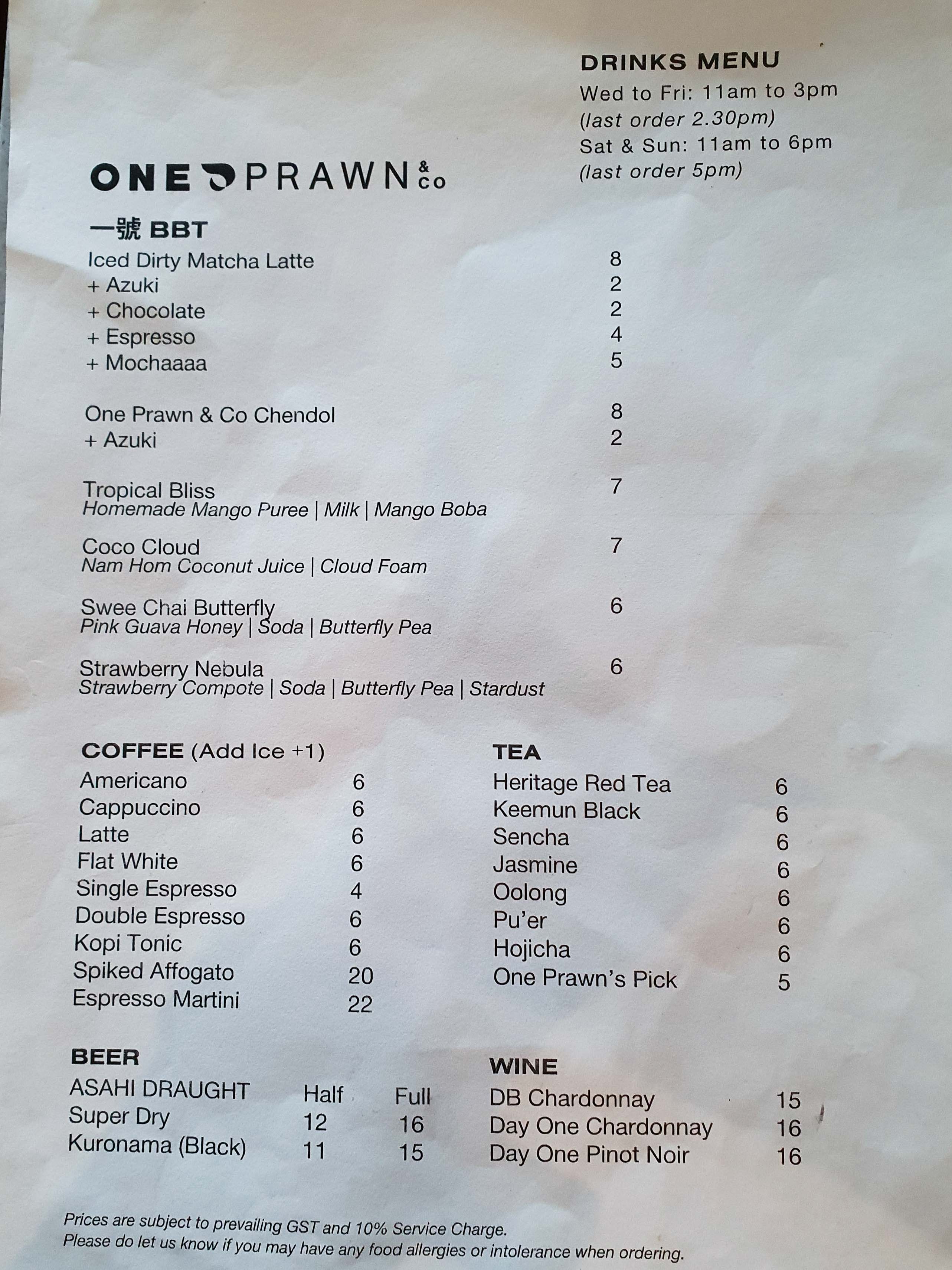 Drinks Menu of One Prawn & Co