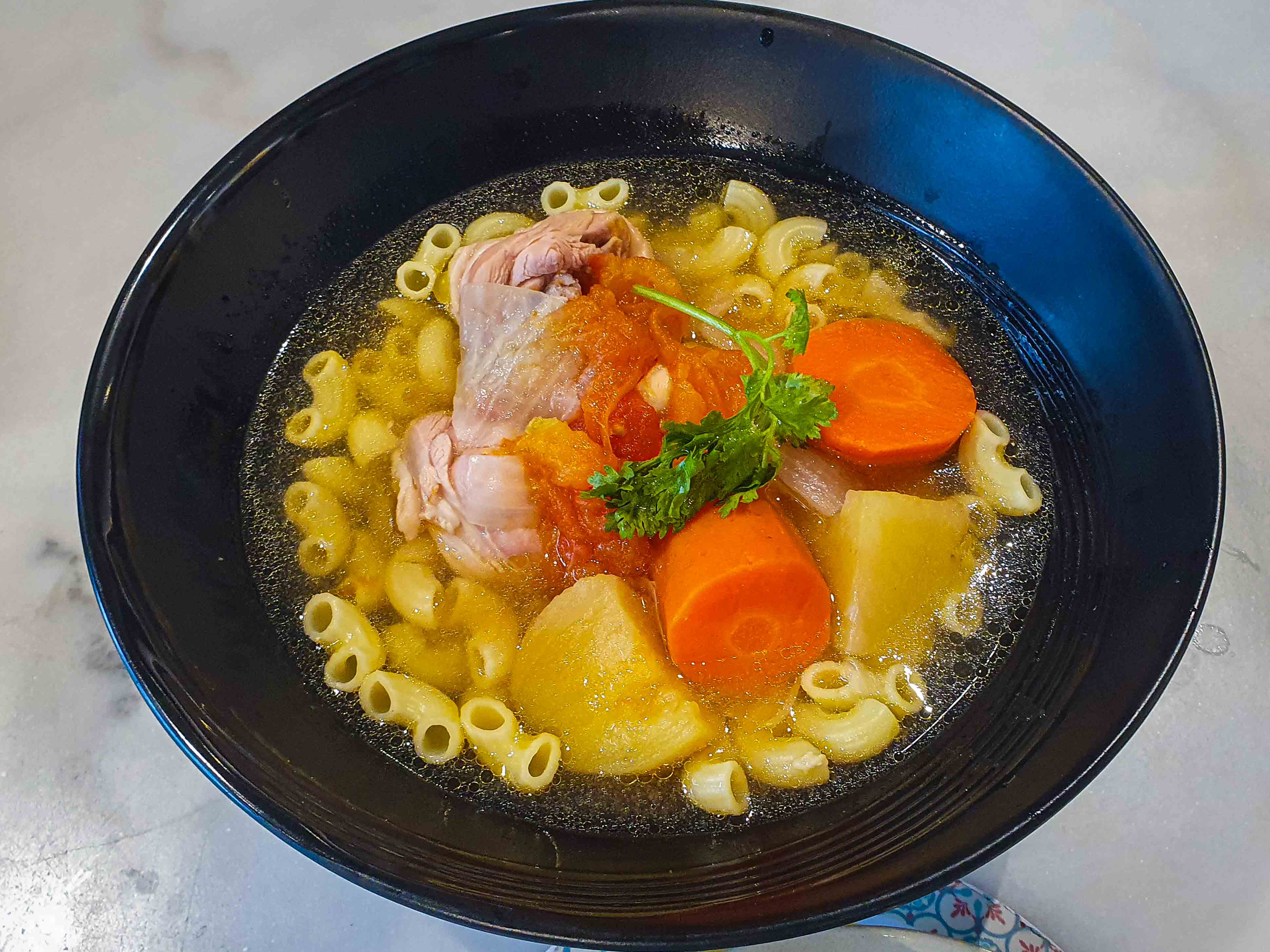 Old Chang Kee chicken soup with Macaroni