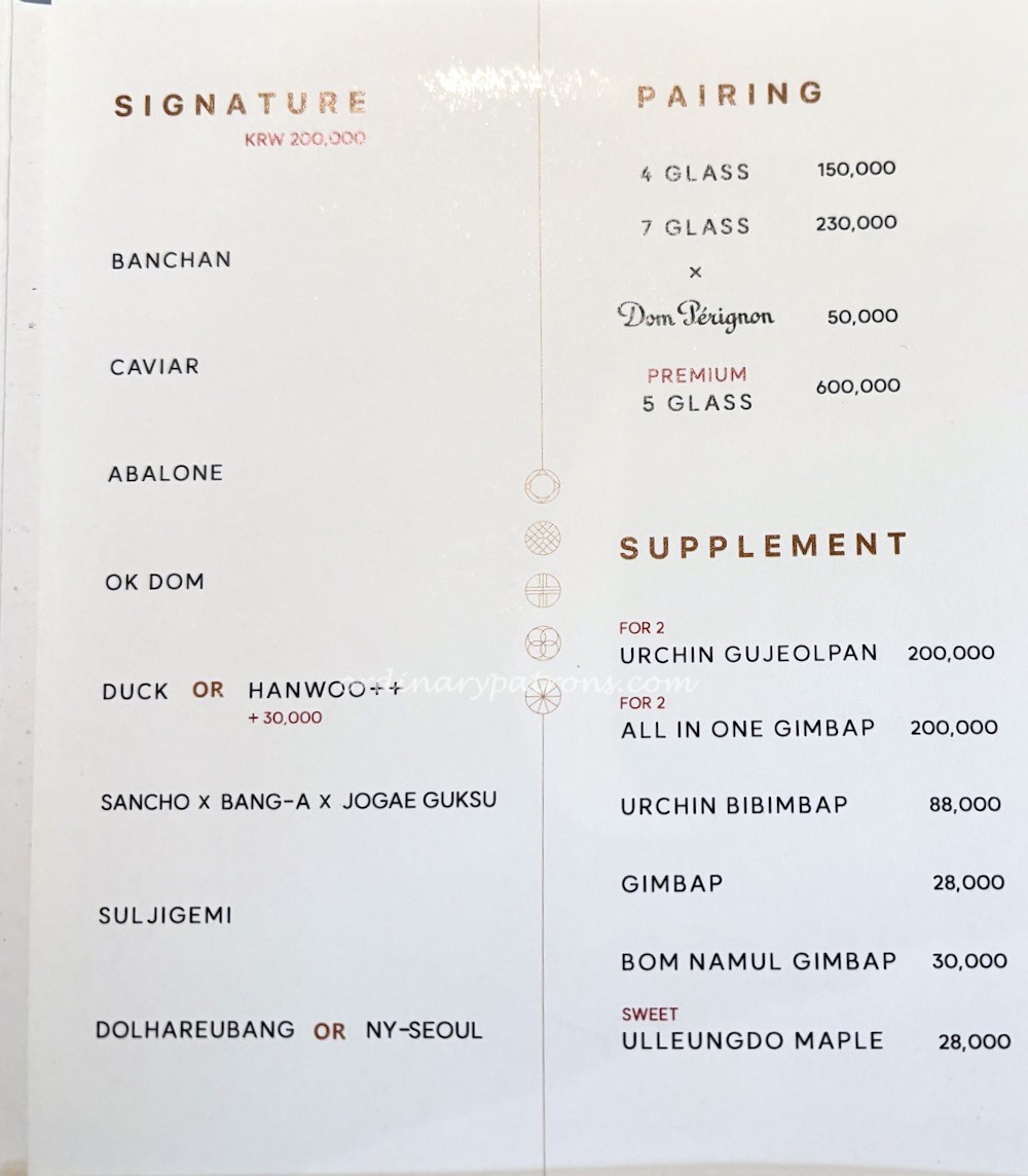 Jungsik Seoul restaurant menu