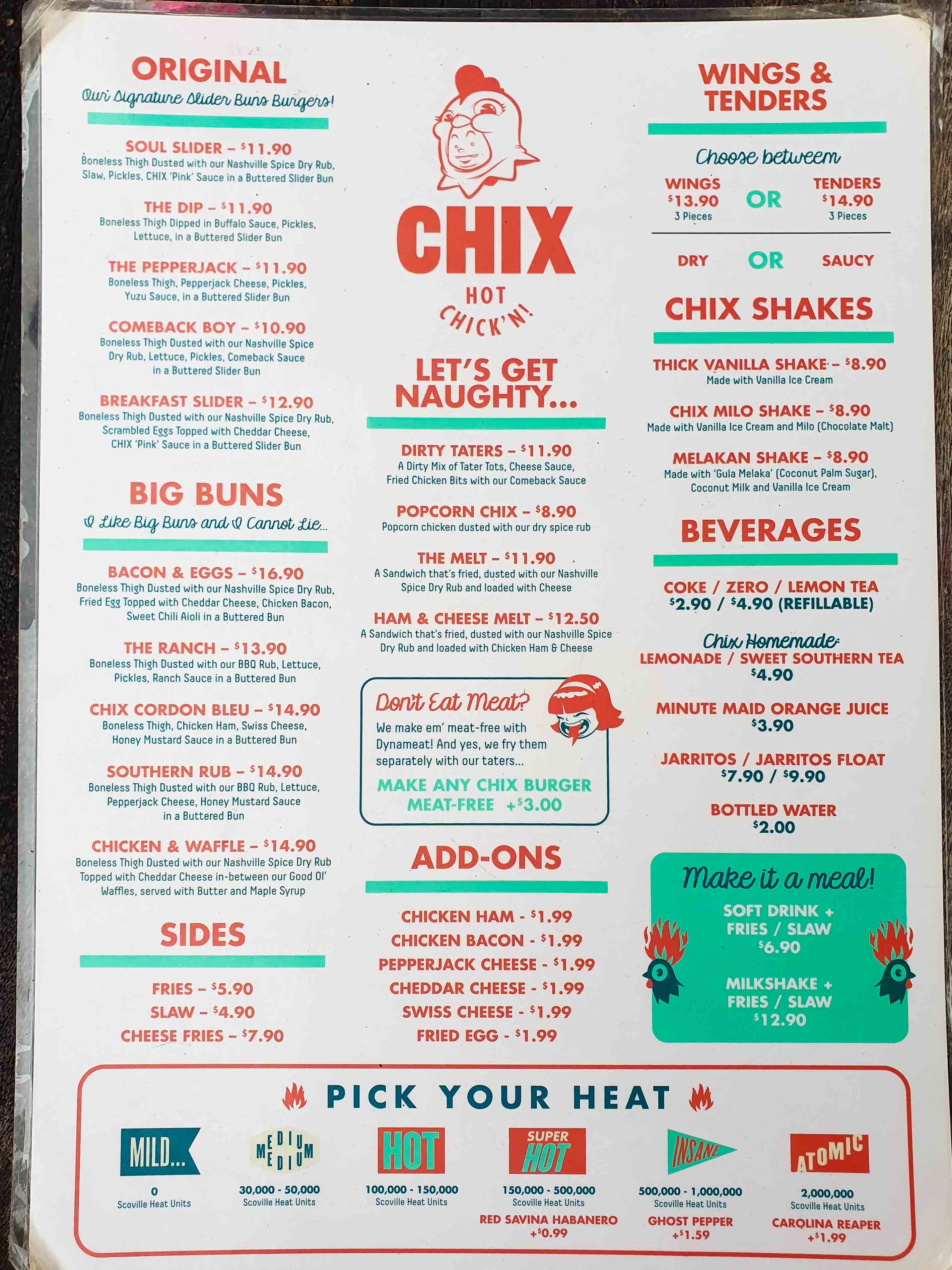 CHIX Hot Chicken Menu