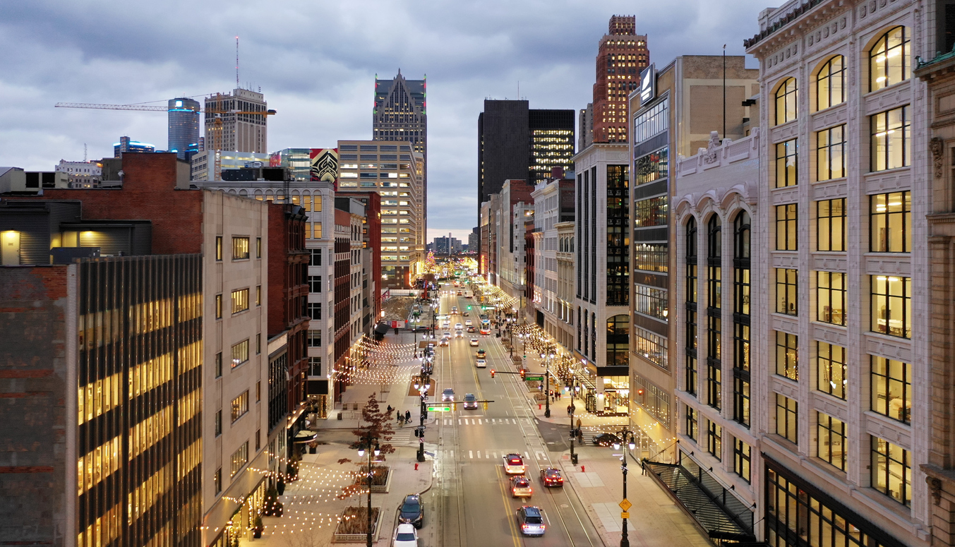 aerial view of woodward avenue in downtown detroit