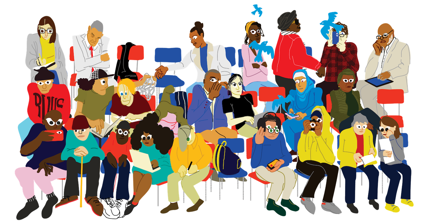 Illustration in fluid, cartoonish style of about 20 people of different ages, genders and ethnicities sitting in three rows of blue chairs. People are chatting, writing and taking photos.