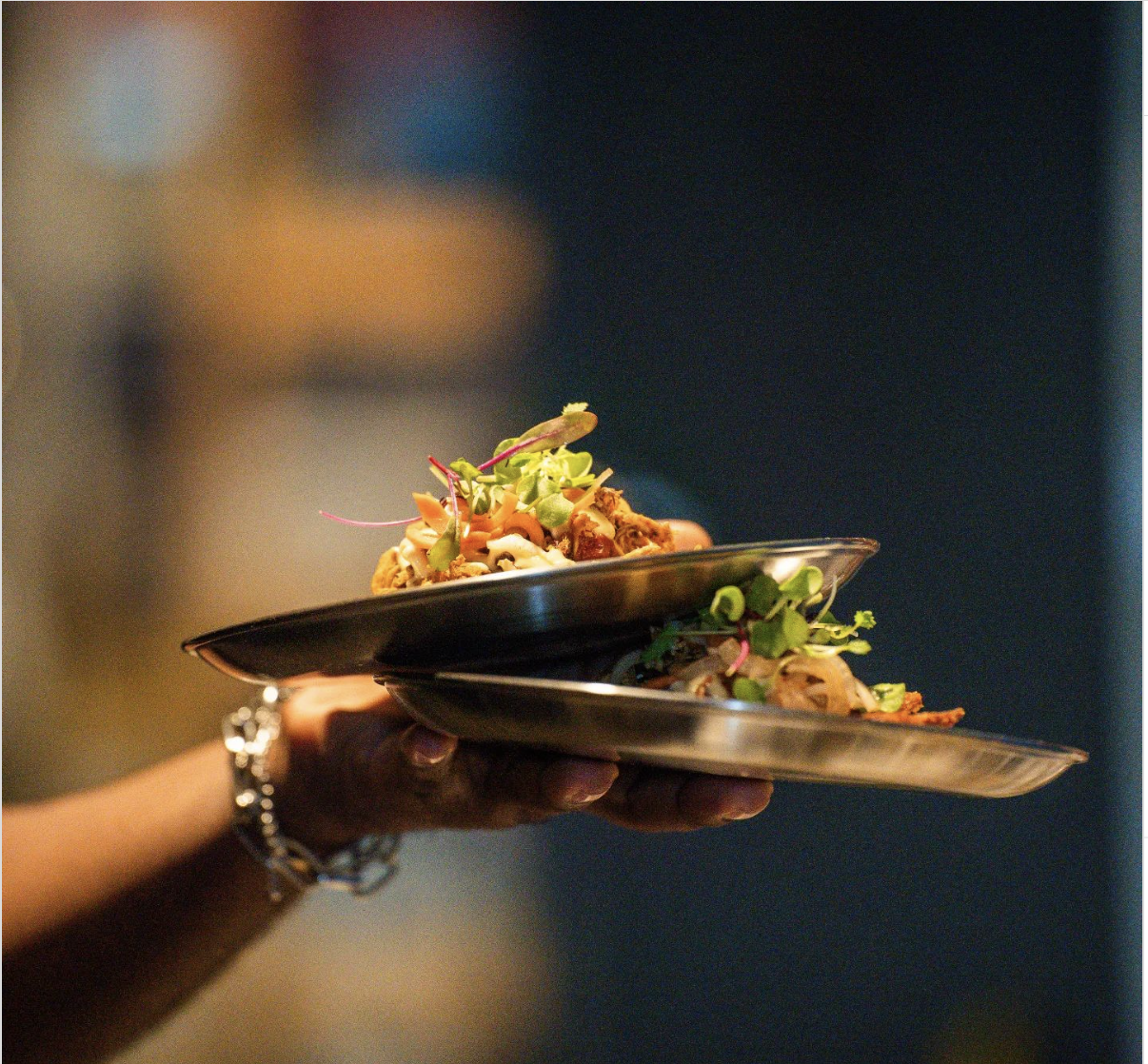 A hand balances two plates of food topped with a leafy garnish.