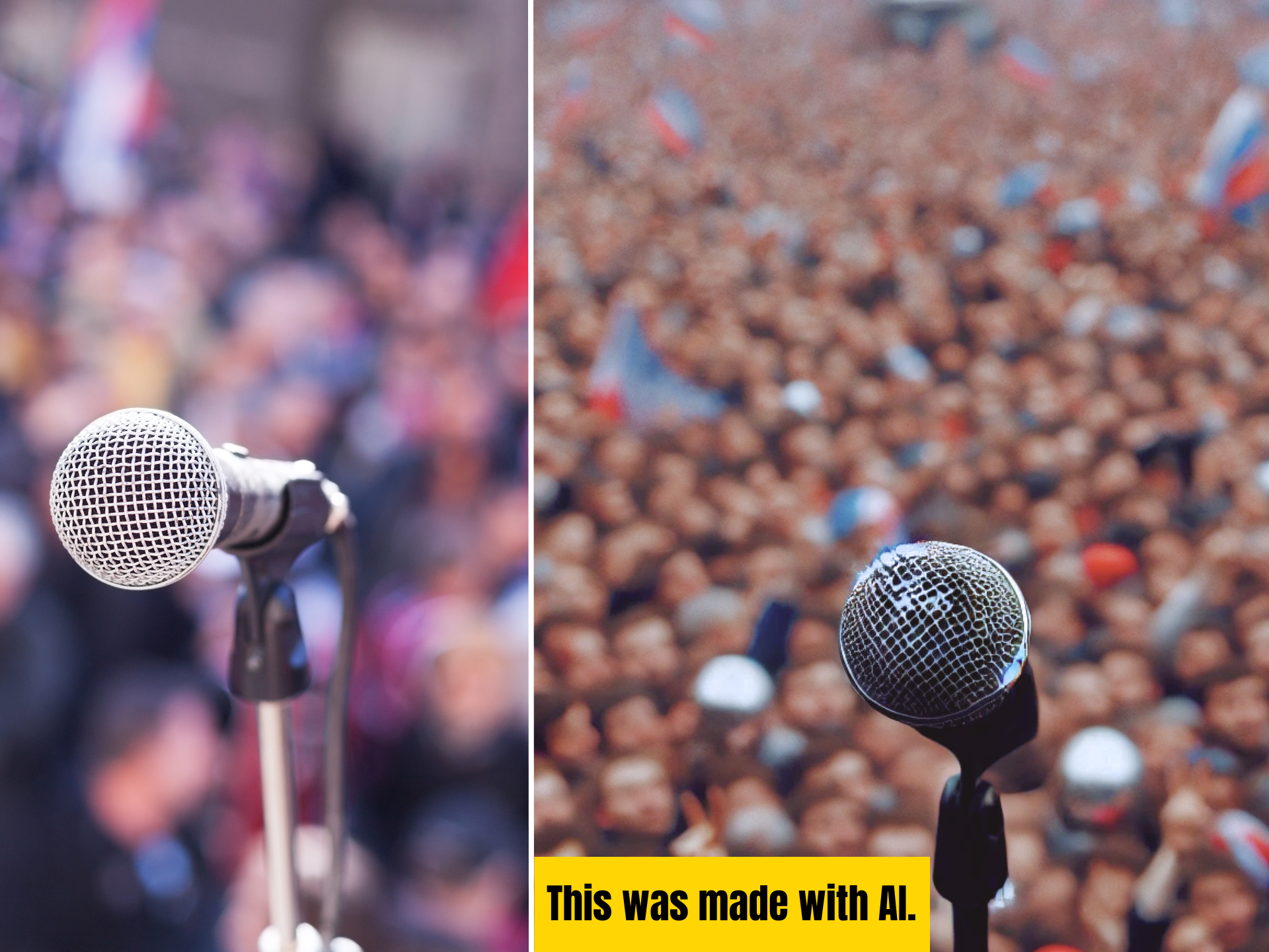 Side-by-side, similar images of a microphone with a blurry crowd in the background.