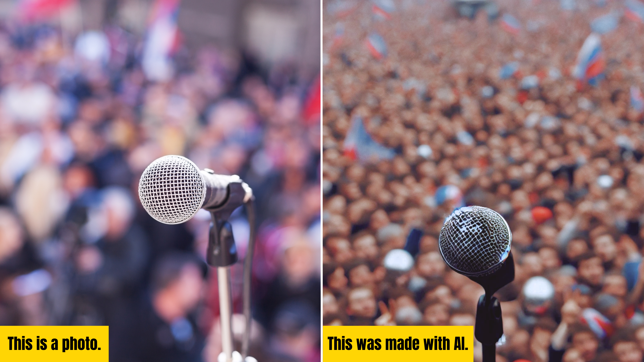 Side-by-side, similar images of a microphone with a blurry crowd in the background.