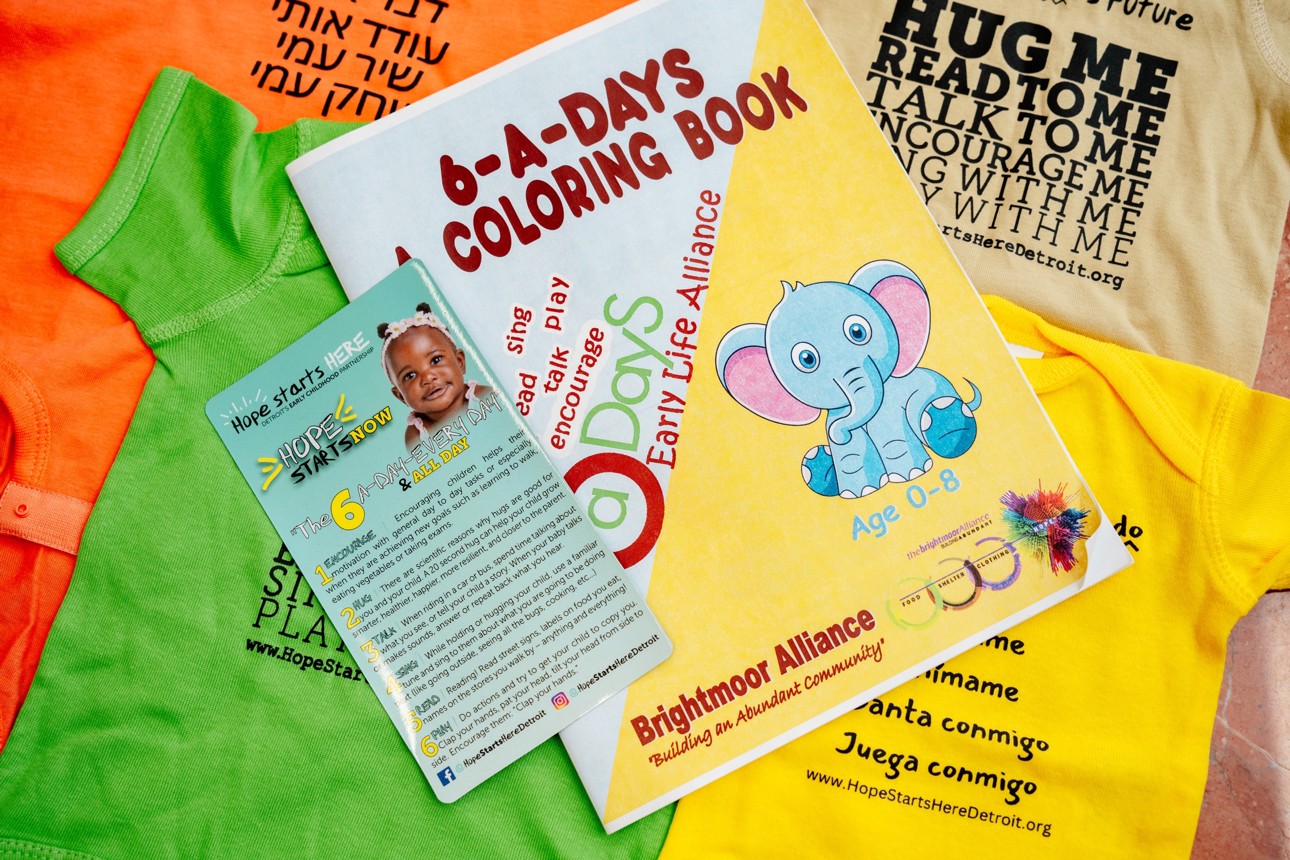 Brightly colored materials with various resources for children and parents