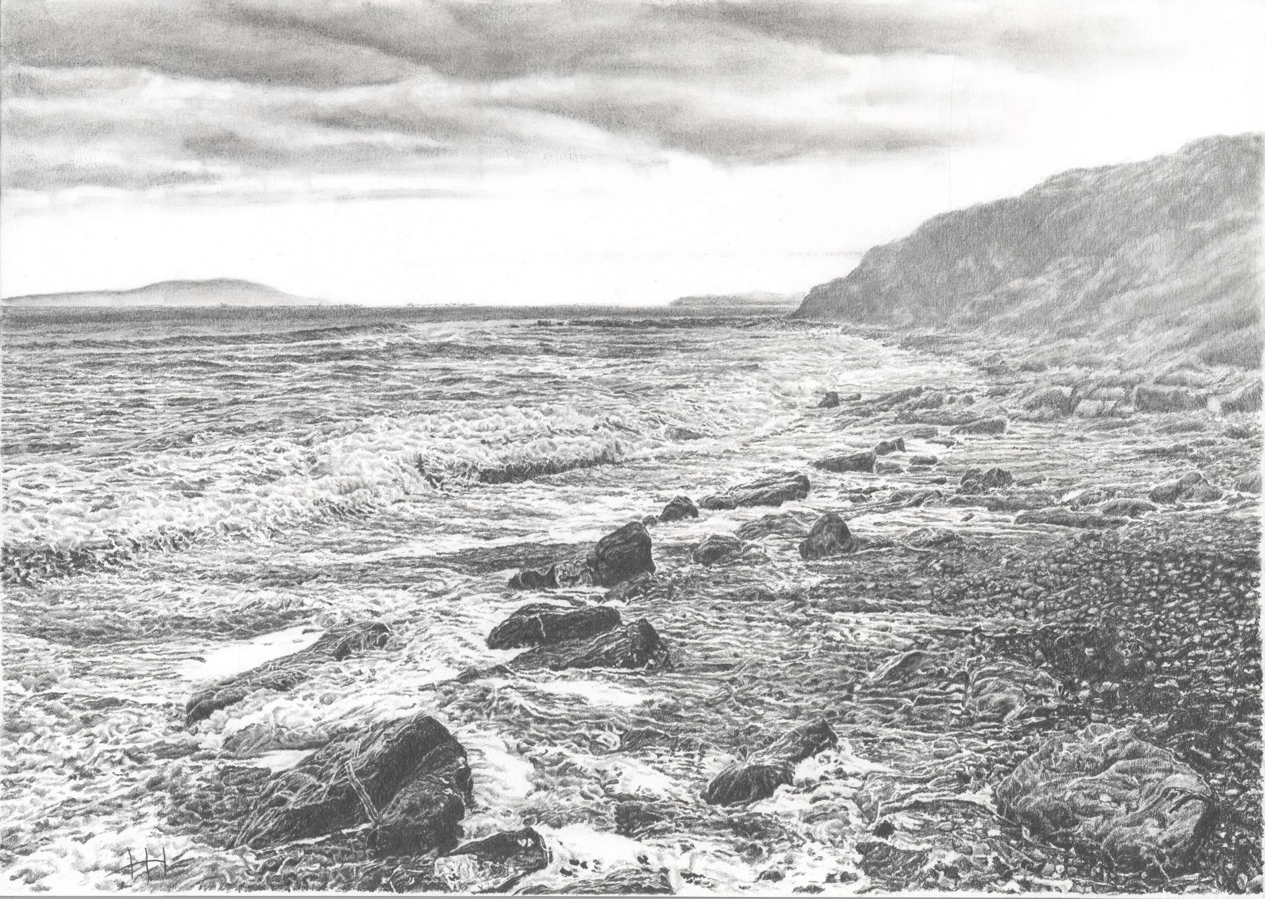 A pencil drawing of the view from the beach at Redcliff Point, with the Isle of Portland in the background