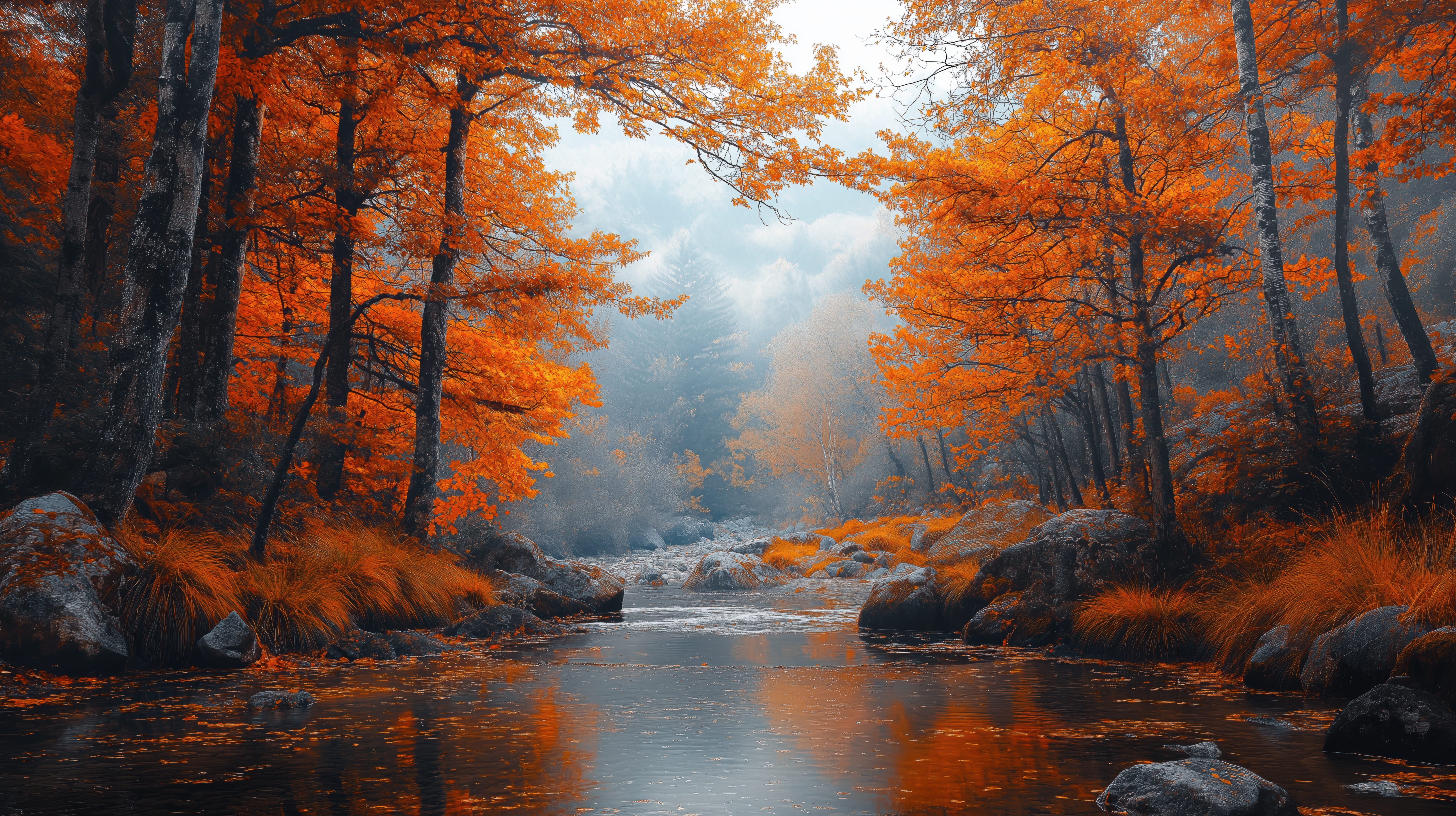 Beautiful Autumn Nature with a River in the Middle of the Forest Free Image