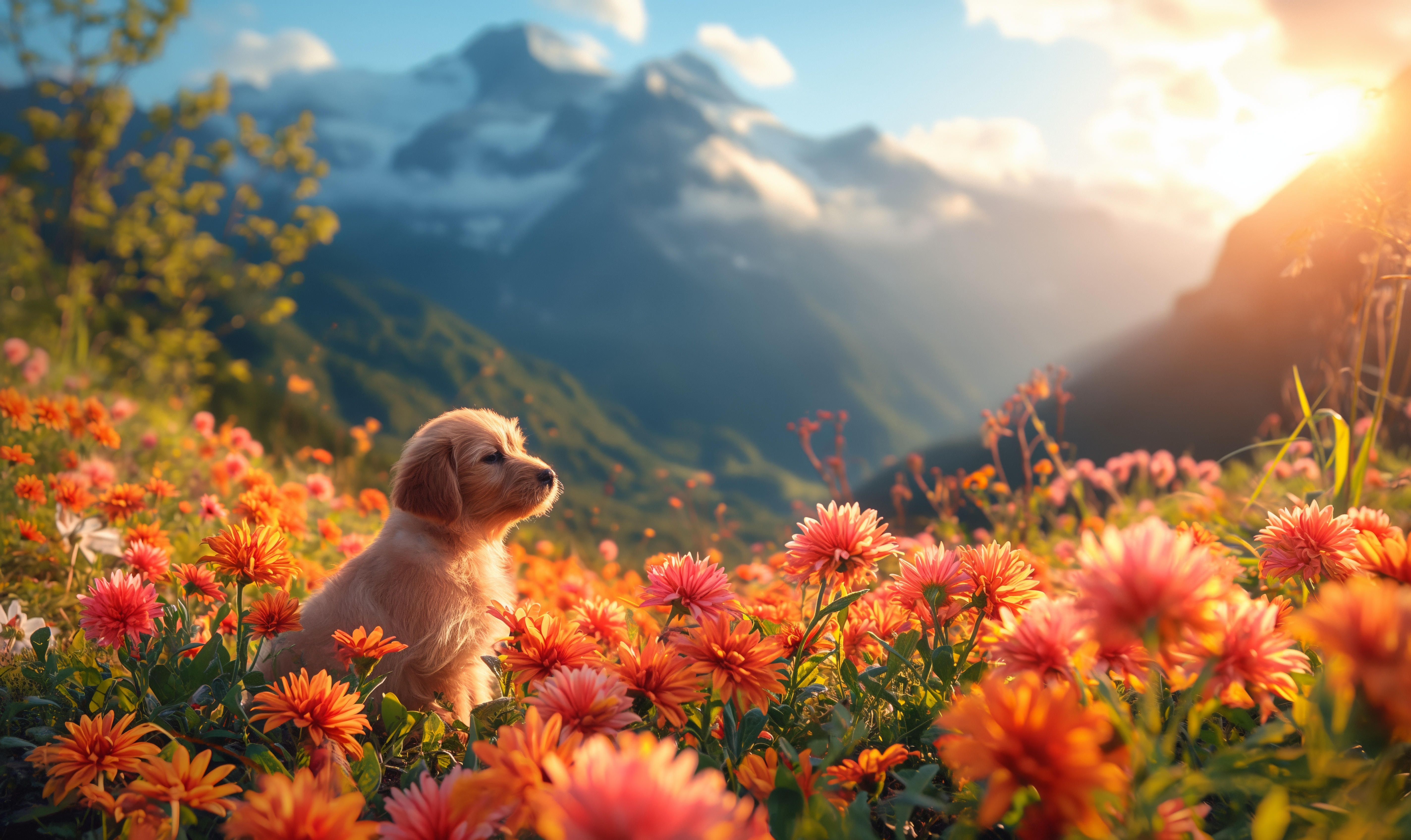 Beautiful Puppy Sitting in Meadow Flowers in Mountain Nature Free Image