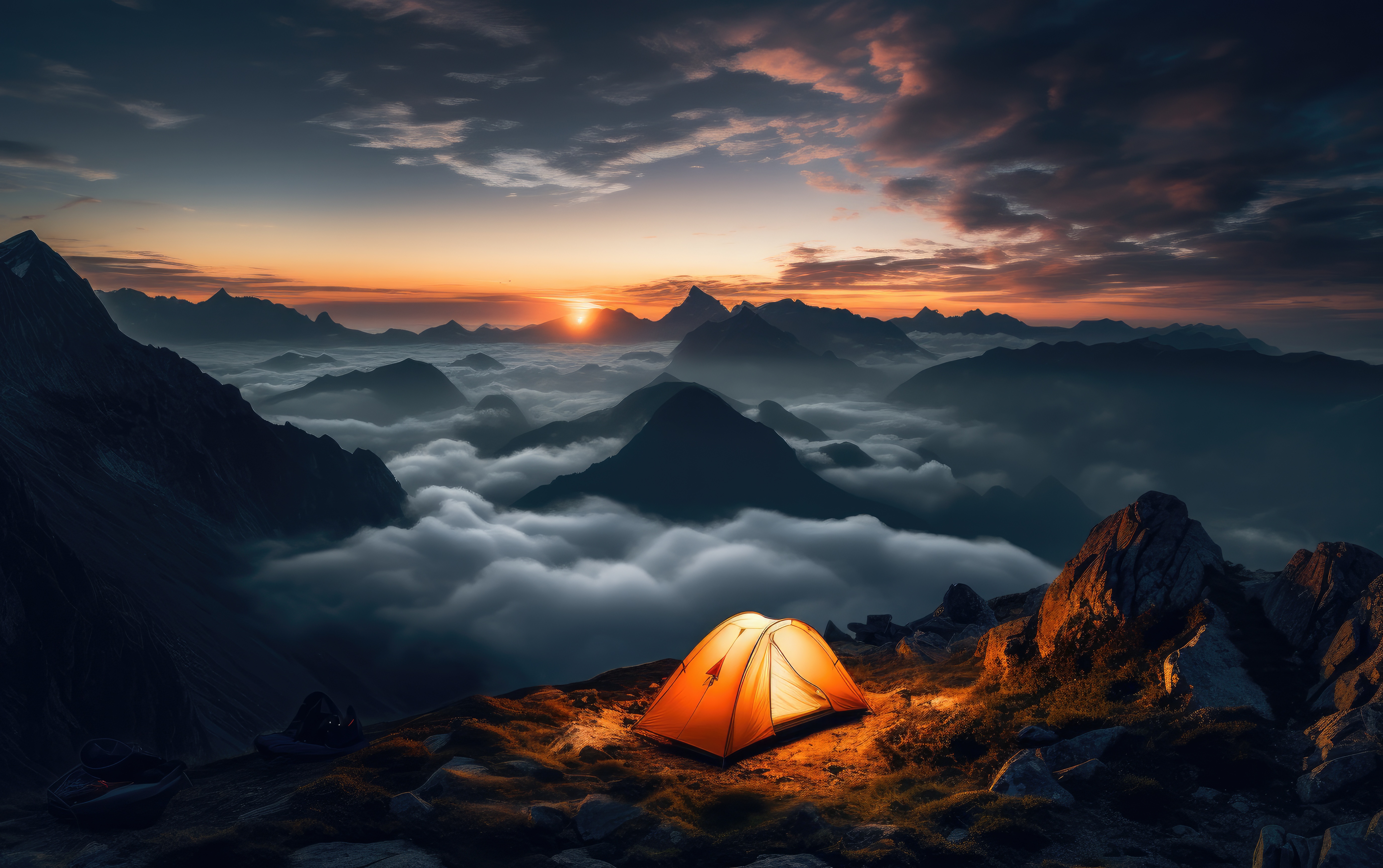 Camping on Top of The Mountain During Sunset Free Photo