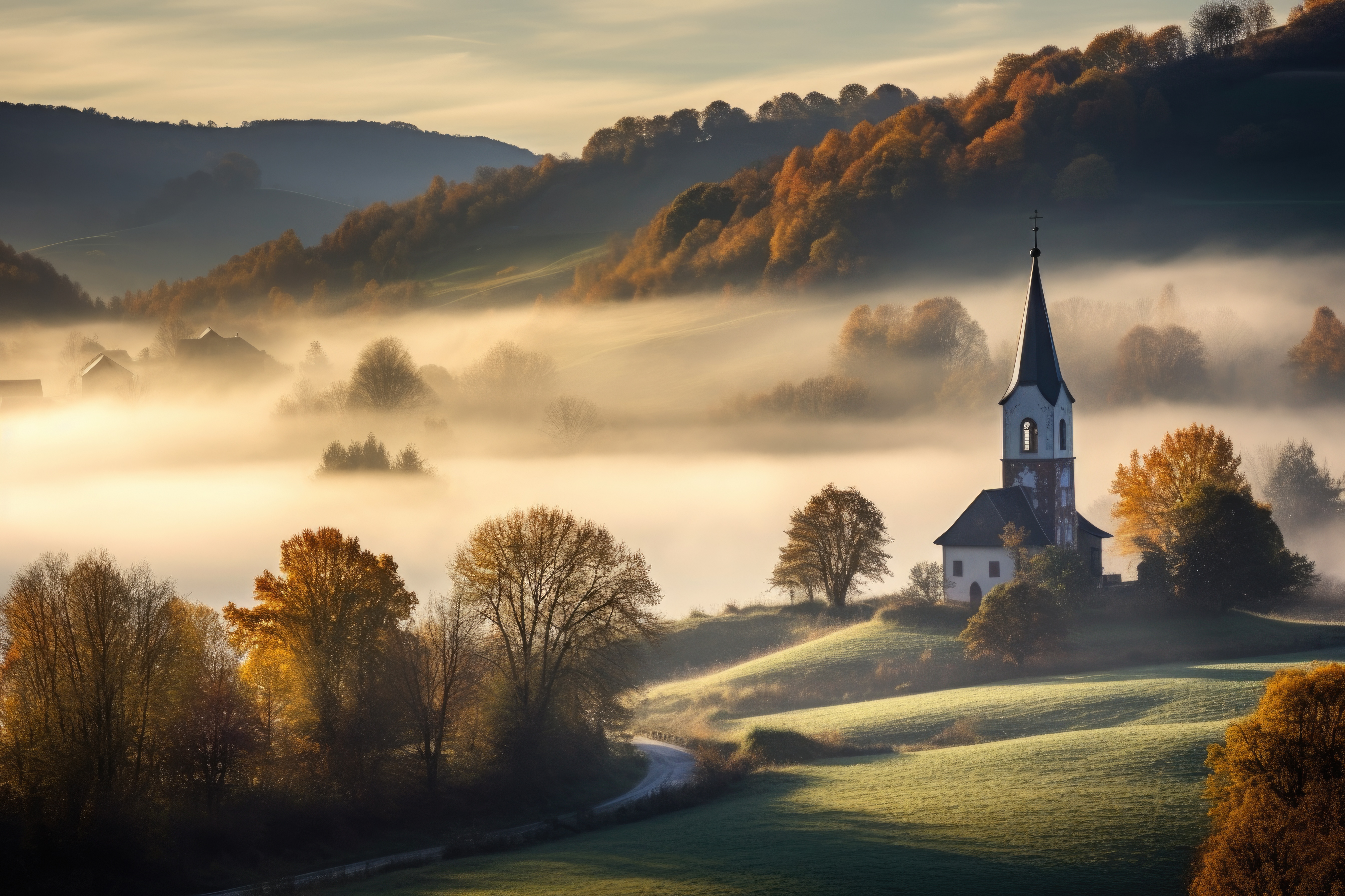 Church in Hilly Countryside in Autumn Morning Fog Free Image