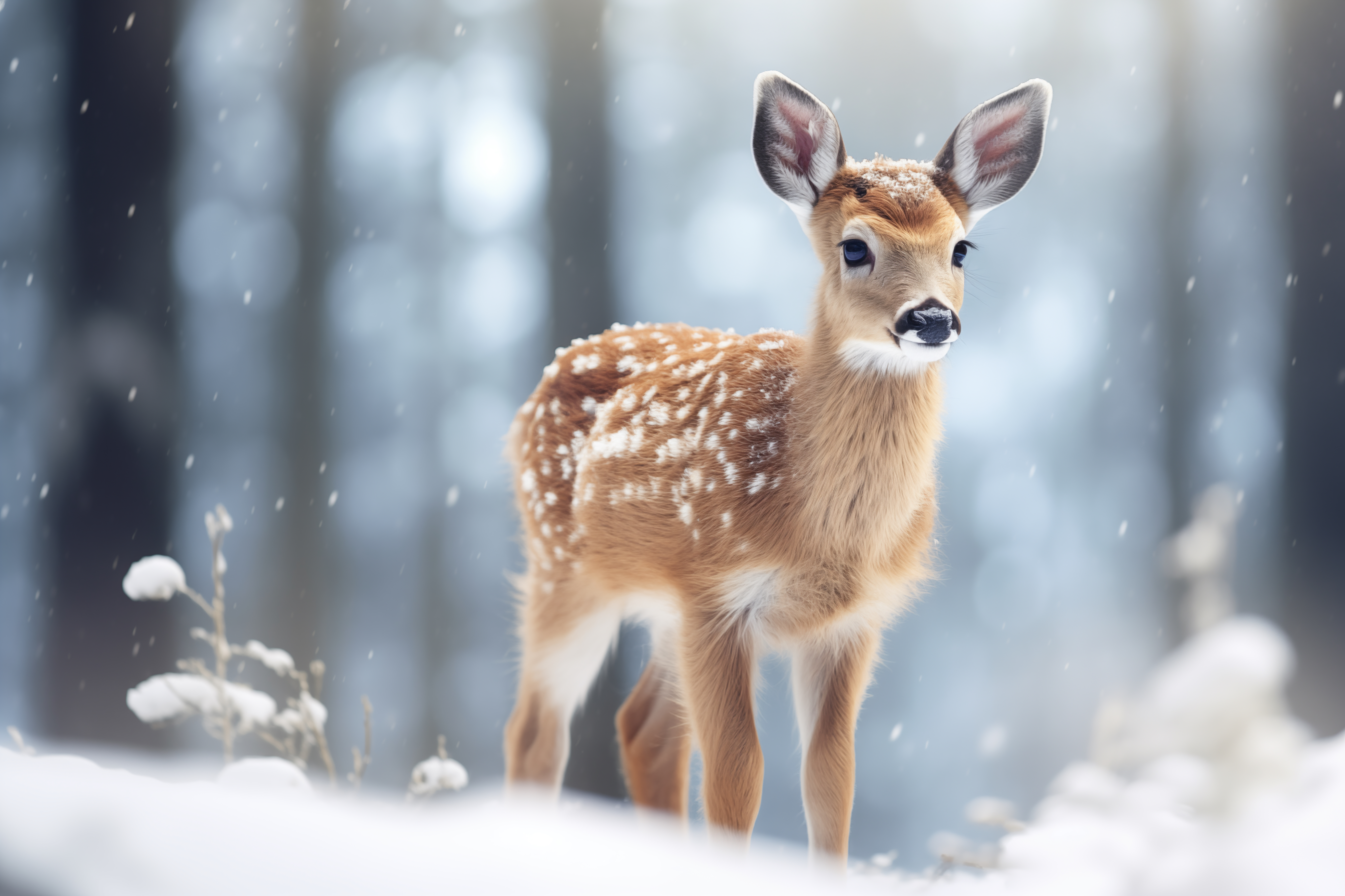 Cute Bambi in Snowy Forest Free Image