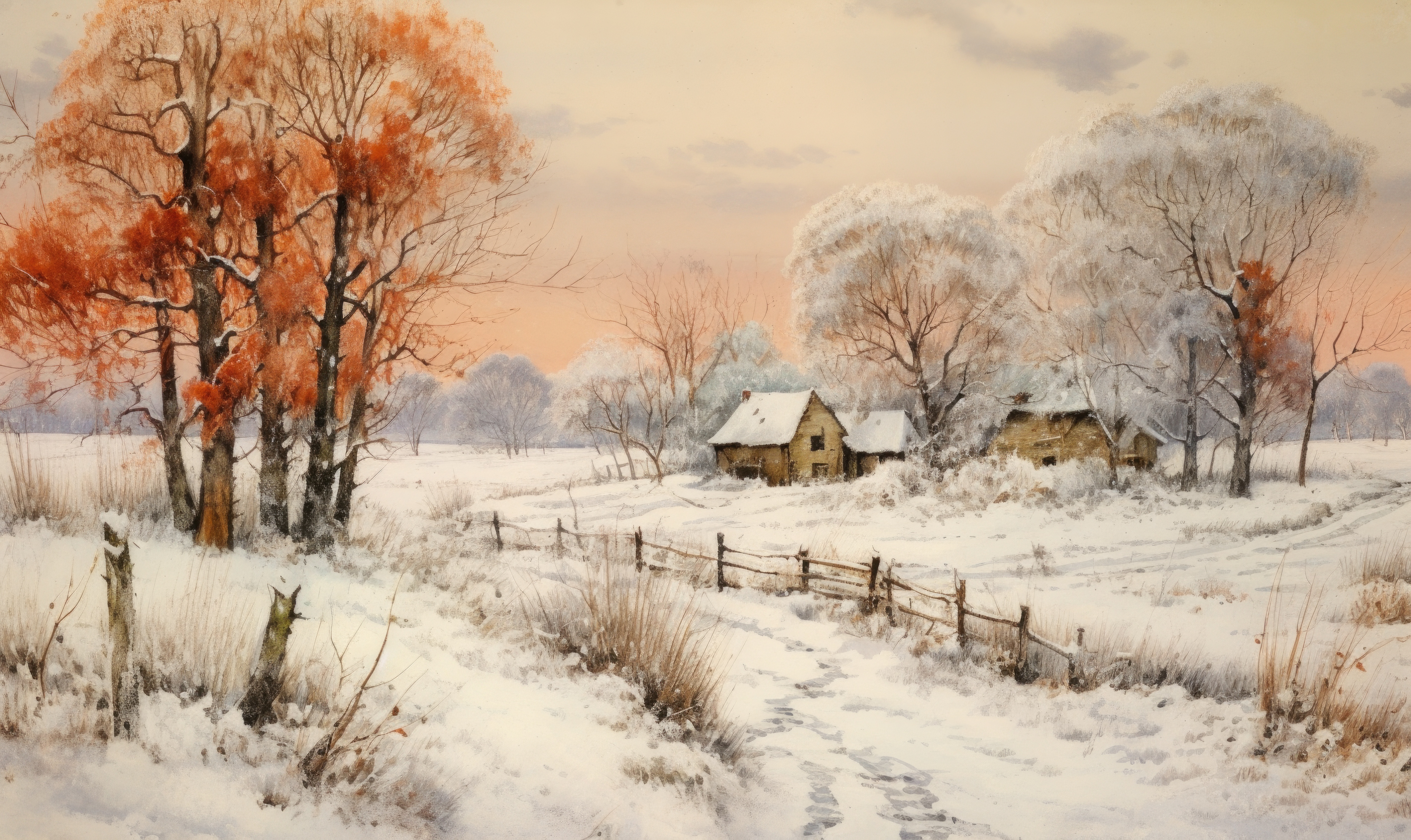 First Heavy Snow Winter Scenery Painting Free Image