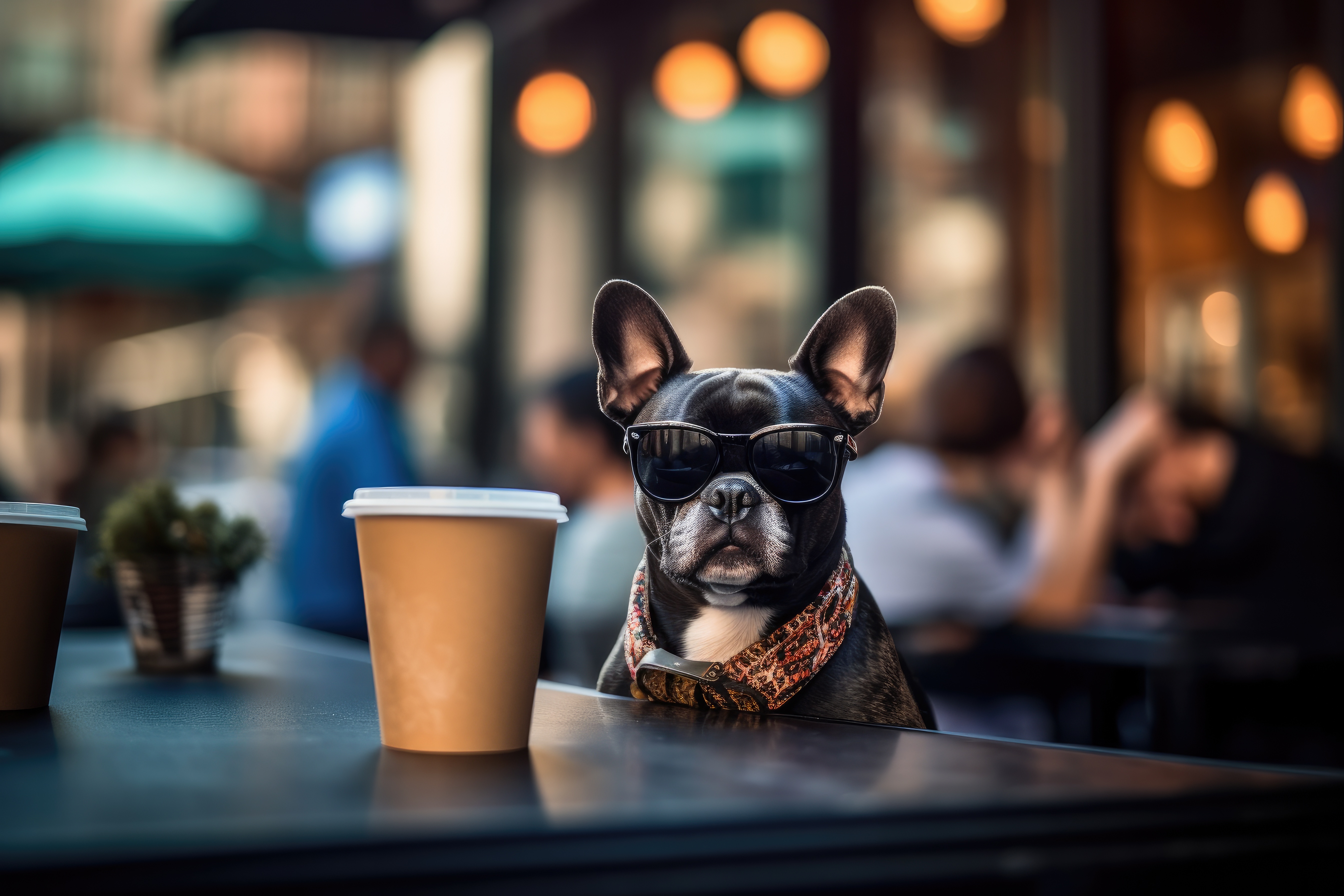 French Bulldog with Sunglasses Sitting in City Street Café Free Image