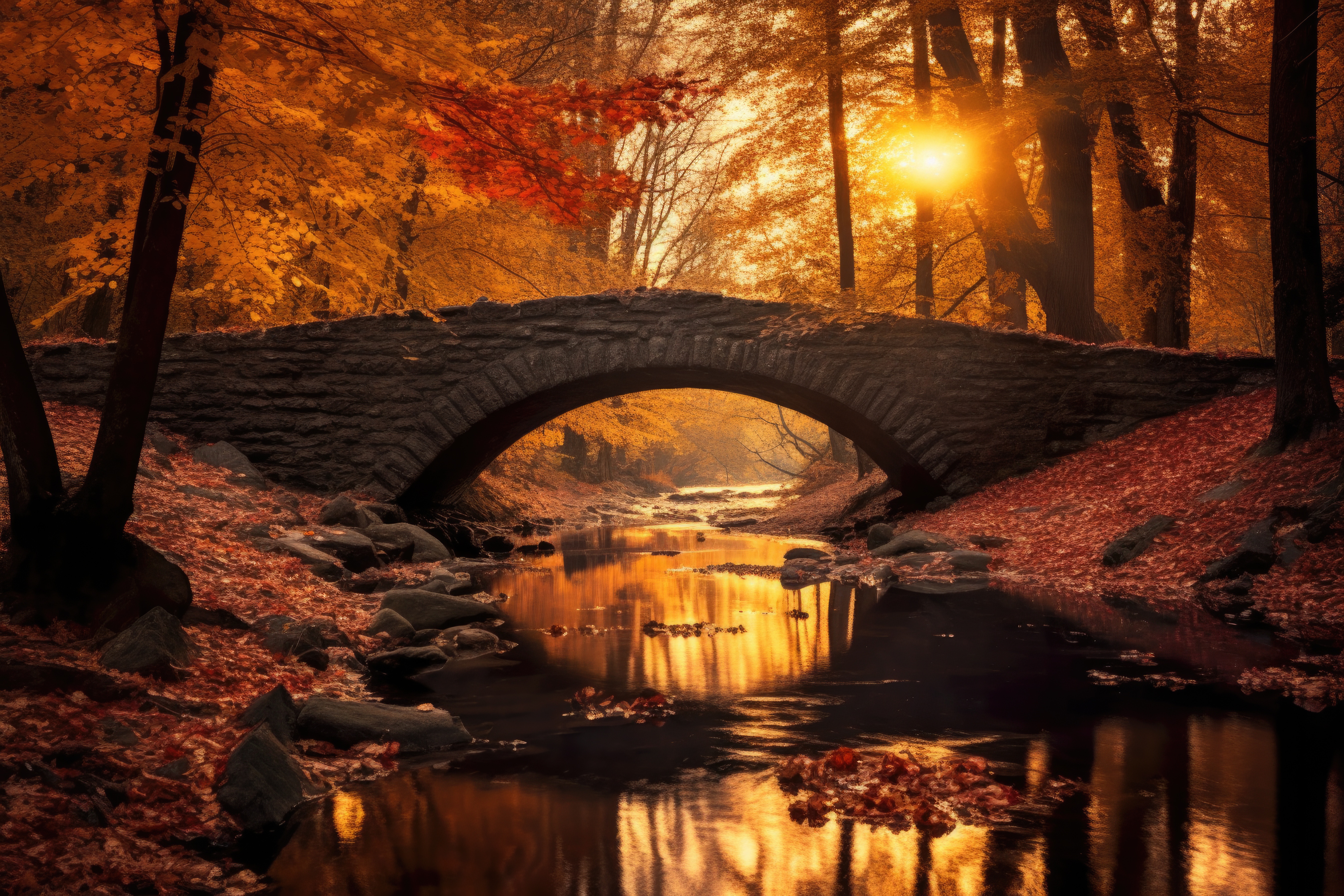 Golden Hour in Old Park Romantic Fall Nature with Old Bridge Free Image