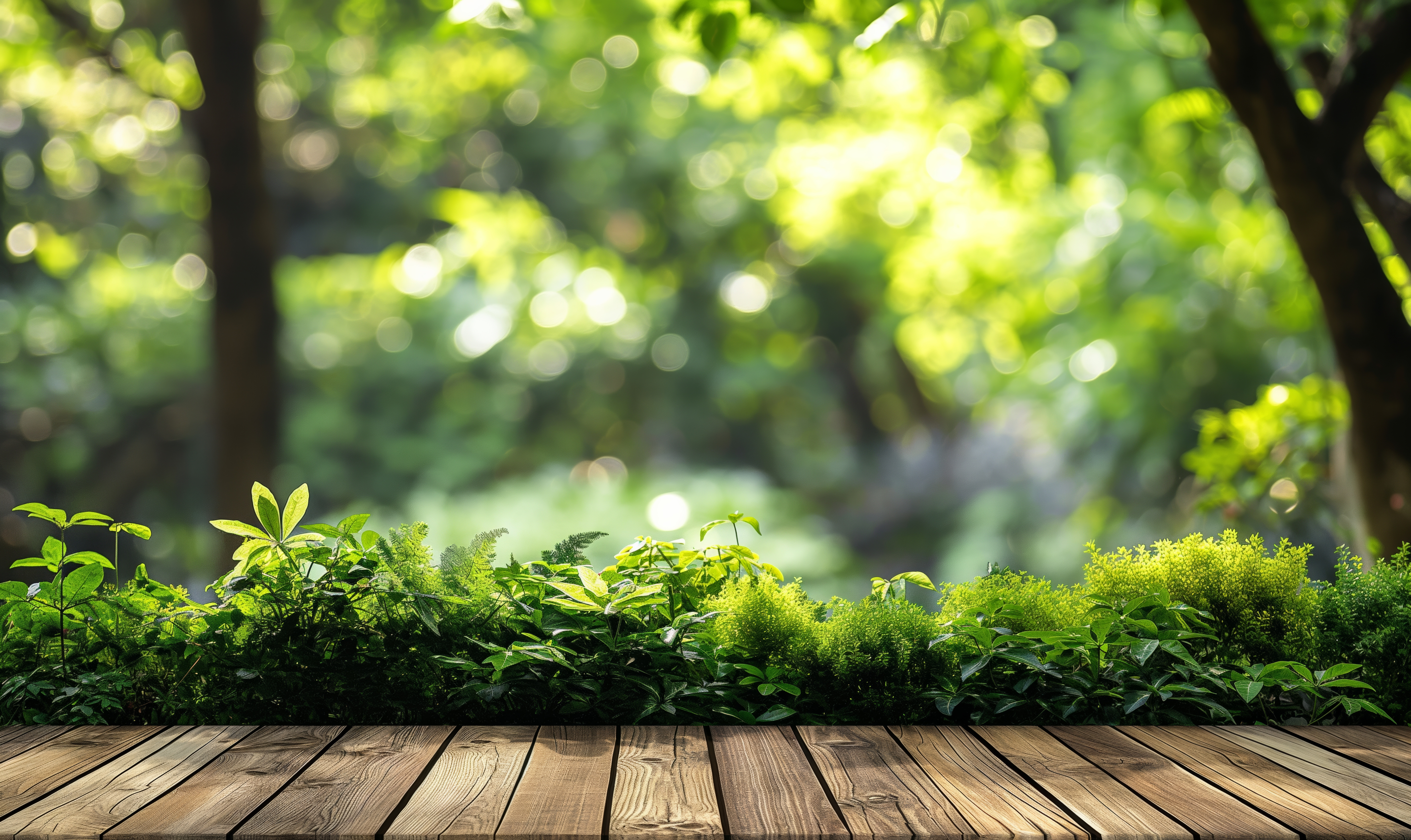 Green Natural Background With Trees and Wooden Foundation Free Image