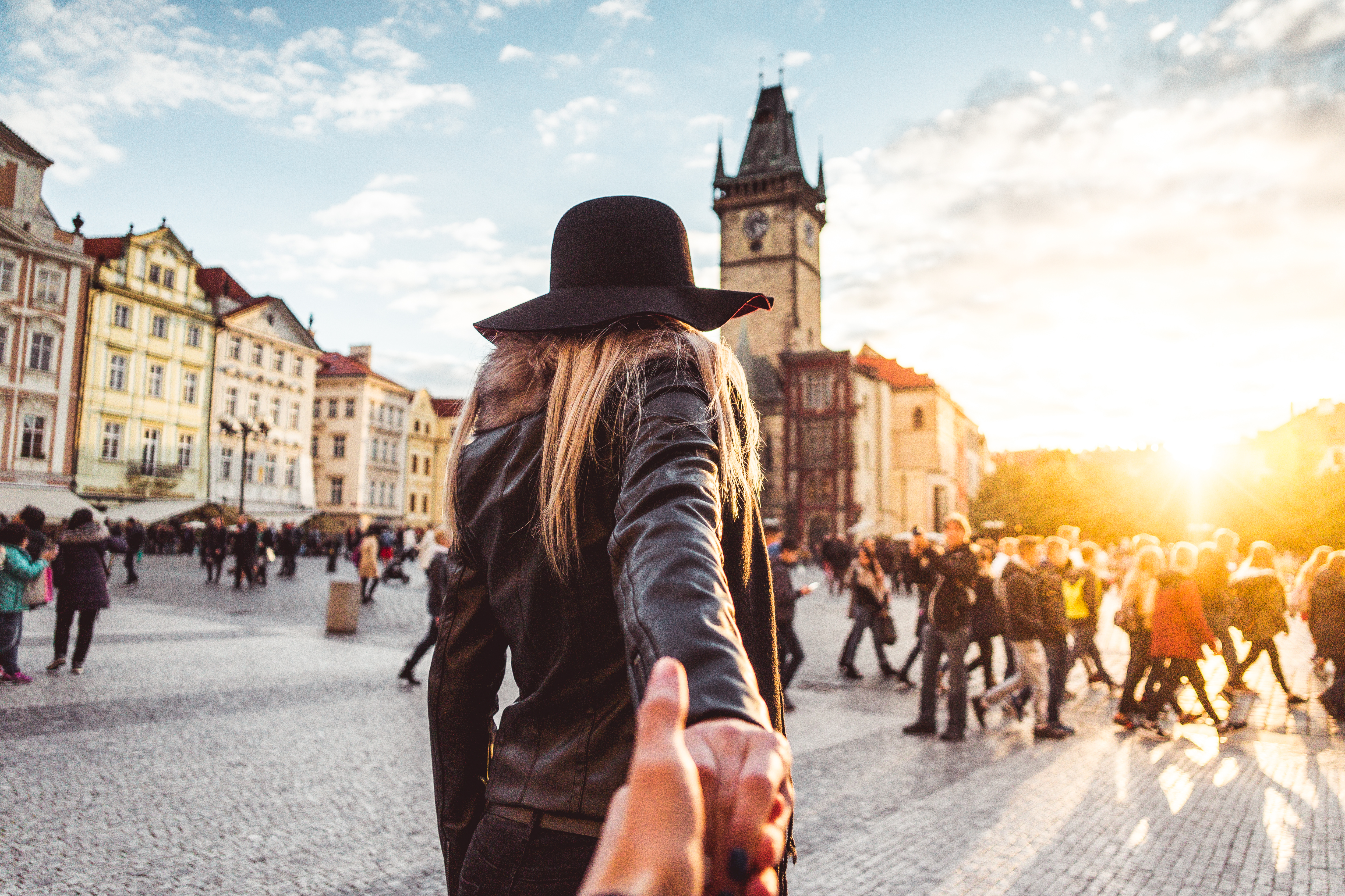 Loving Couple in Autumn Prague Follow Me To Pose Free Photo