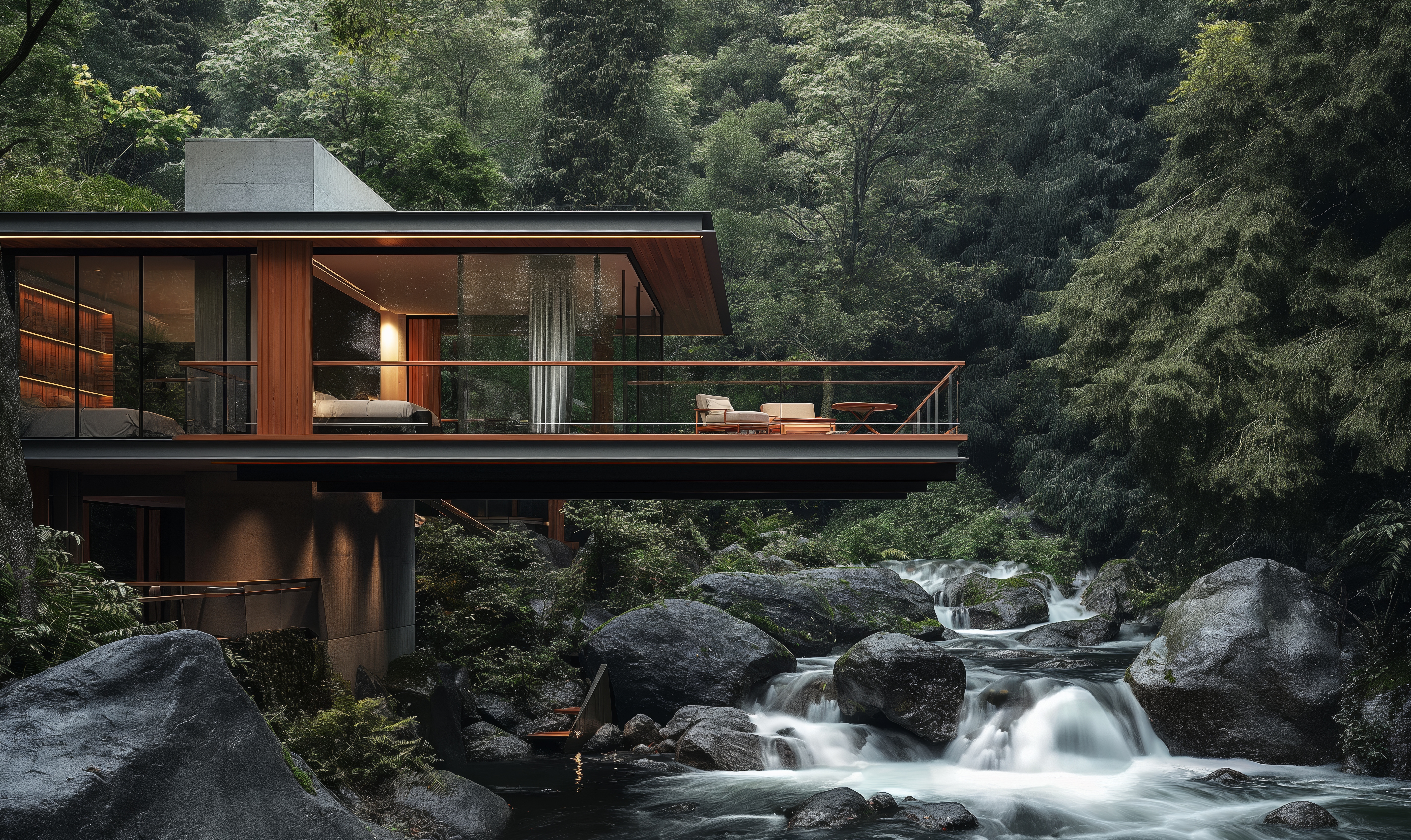 Modern Luxury Villa With Terrace Over the River Amidst the Forest Free Image