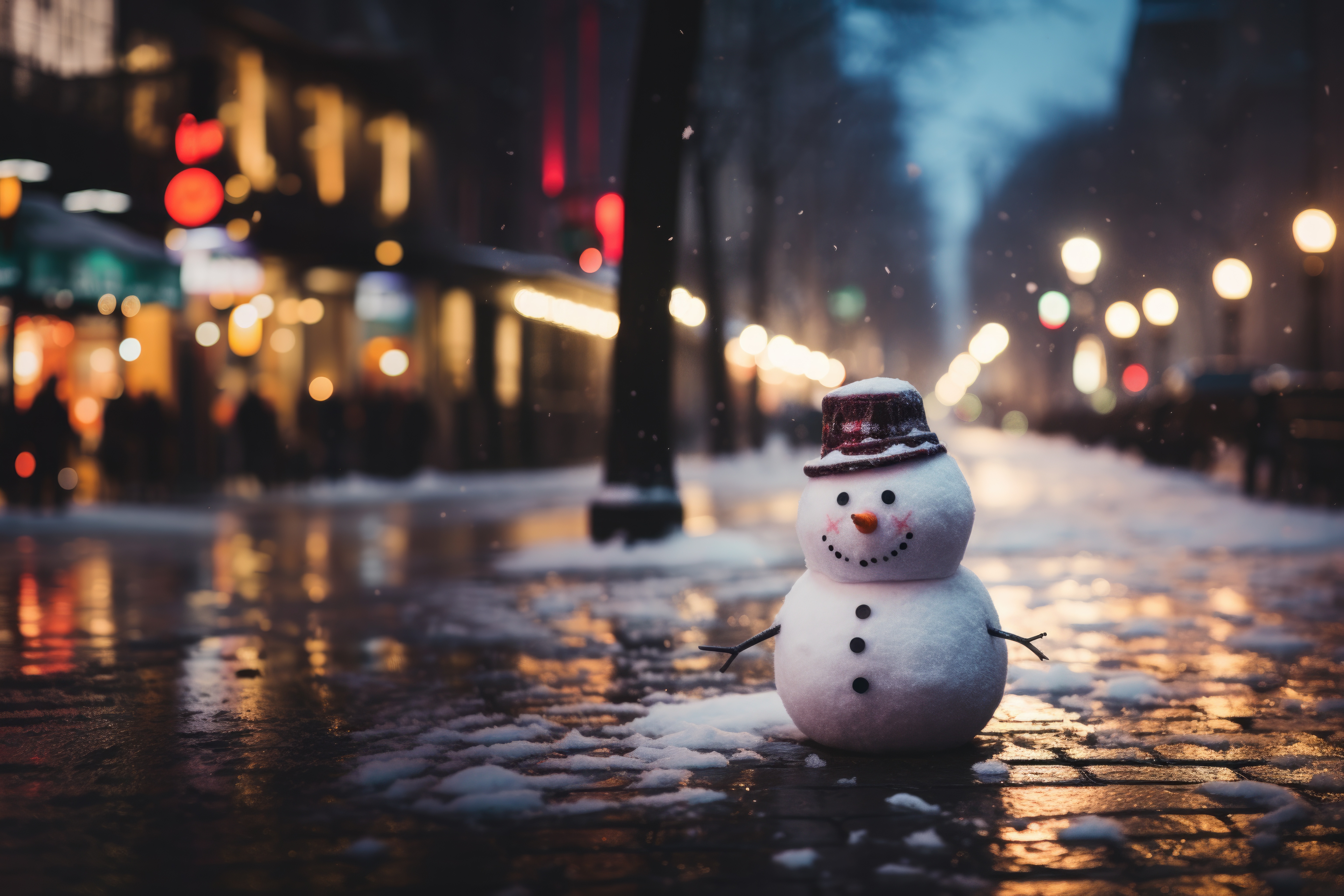 Tiny and Lonely Snowman in The City Free Image