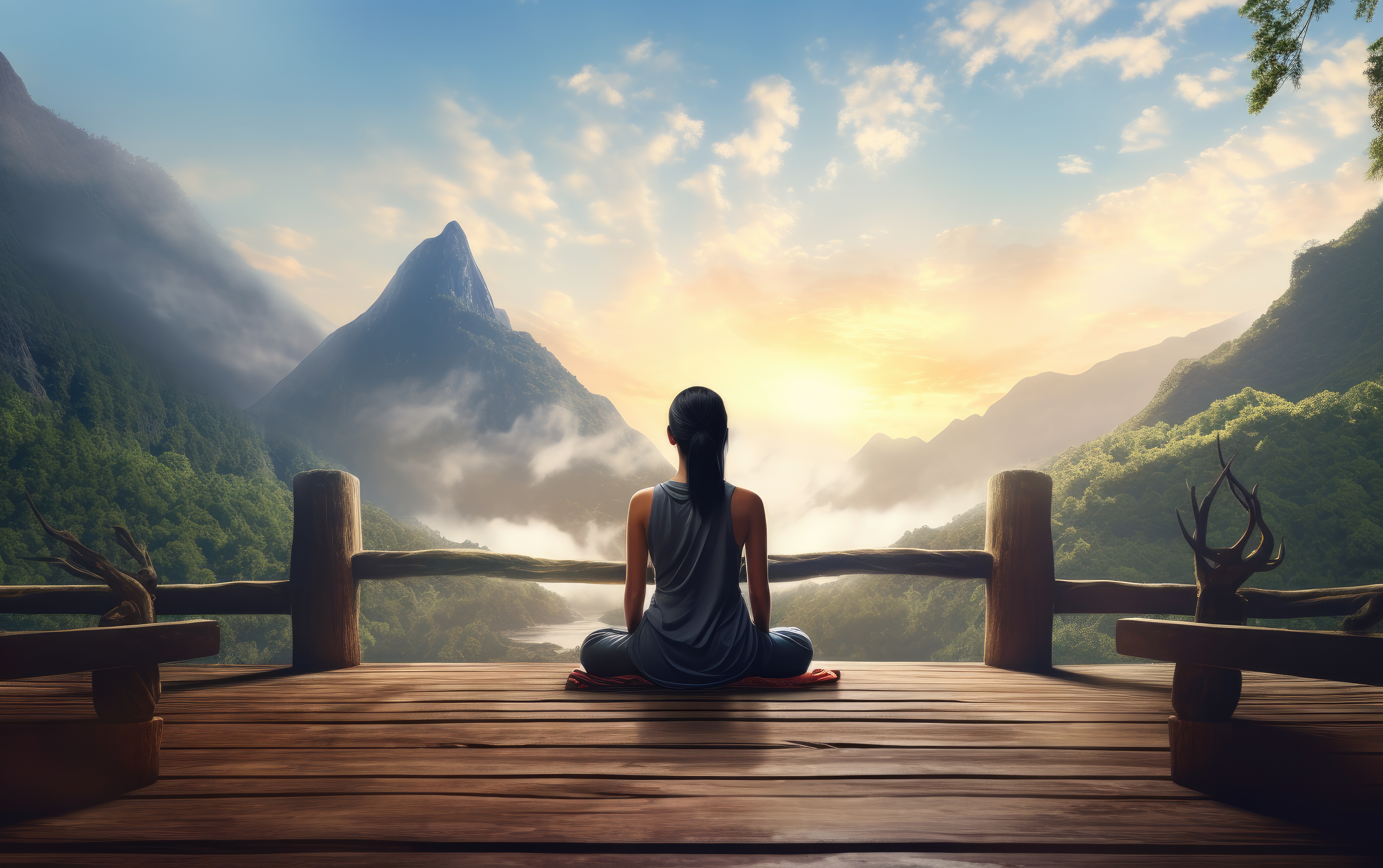 Woman Meditating Early in the Morning Overlooking a Mountain Scenery Free Image