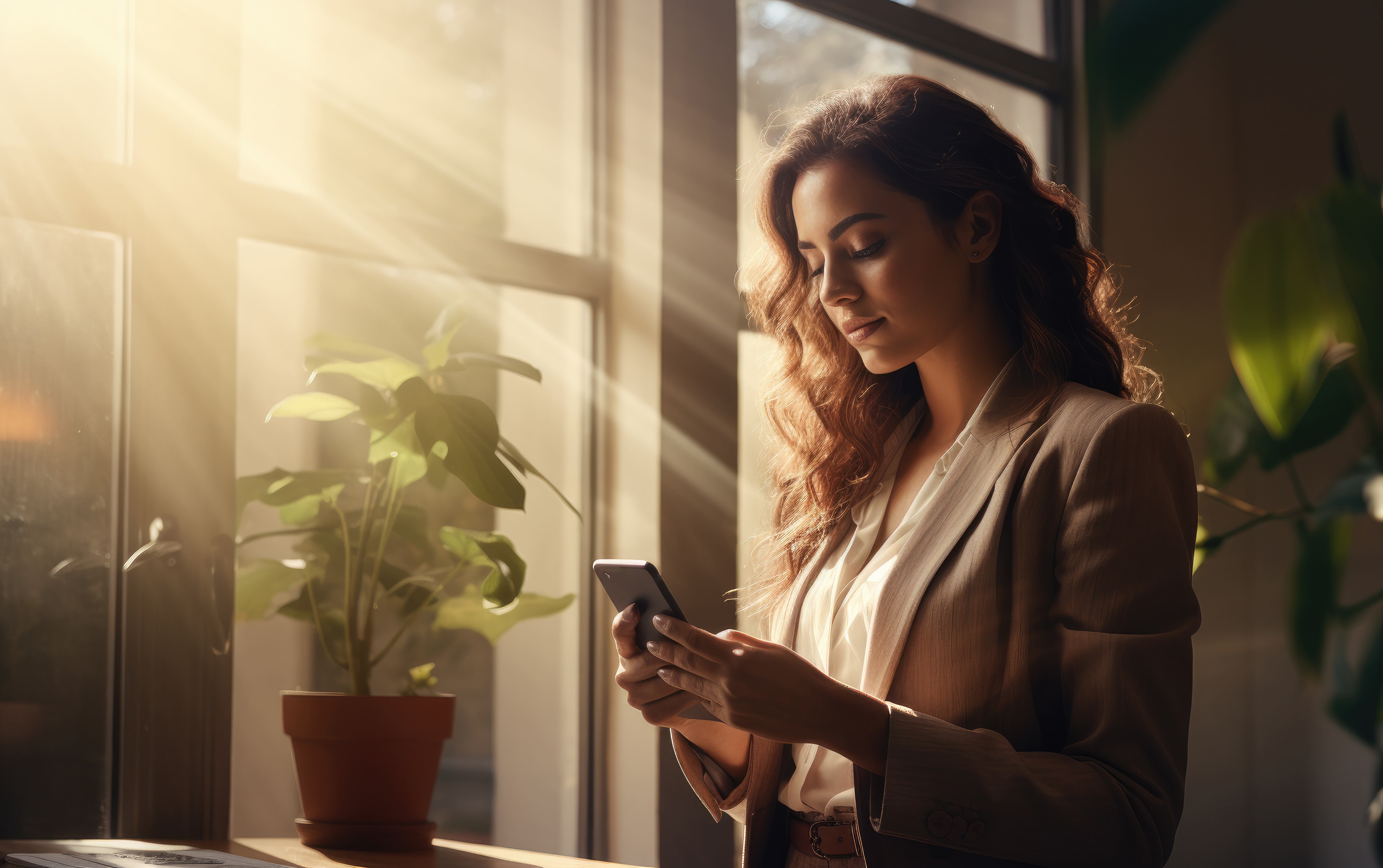 Young Brunette Woman Standing at Windows and Using Her Smartphone Free Image