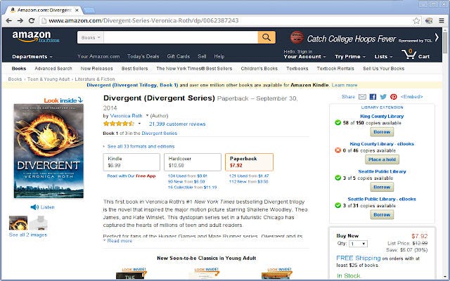 A screenshot from Library Extension, showing an Amazon listing for one of the Divergent books with the “Buy” button replaced by buttons to reserve at a variety of local libraries.