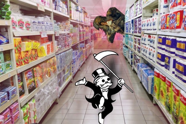 A brightly lit grocery aisle; at its terminus, looming out from behind the frame, is the upper torso and head of Goya’s ‘Saturn Devouring His Children.’ In the foreground is a dancing ‘Rich Uncle Pennybags’ from the game Monopoly; he is brandishing a grim reaper’s scythe and his features are skull-like.