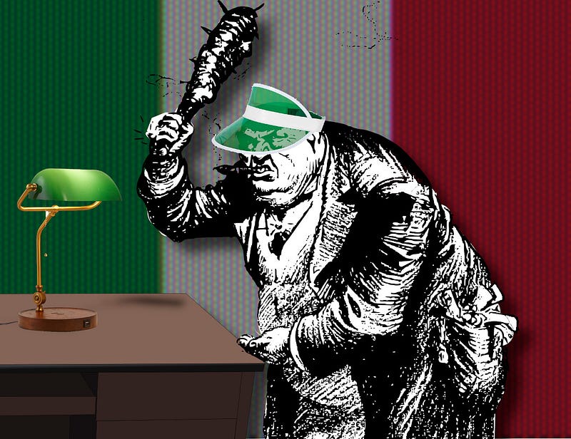 A club-wielding thug whose off-hand is making a ‘give me’ gesture; he is wearing a green eyeshade and standing alongside a desk with a green-shaded lamp on it; in the background is the tri-color Italian flag.