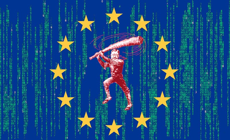 The EU flag superimposed over a Matrix “code waterfall” effect; in the center of the ring of stars is a vintage newspaper caricature of Roosevelt as a trustbuster, swinging his “big stick.”