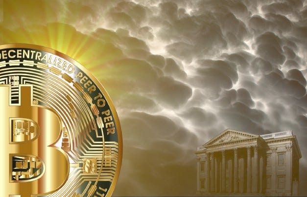 A giant Bitcoin casts an ominous shadow over a traditional, columnated bank; dark clouds roil behind them. Image: Derrich (modified): https://commons.wikimedia.org/wiki/File:Mammatus-storm-clouds_San-Antonio.jpg CC BY-SA 3.0: https://creativecommons.org/licenses/by-sa/3.0/deed.en Ed Uthman (modified): https://www.flickr.com/photos/euthman/517012174/ CC BY-SA 2.0: https://creativecommons.org/licenses/by-sa/2.0/