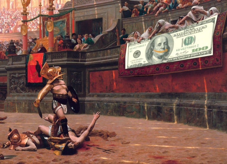 Jean-Leon Gerome’s painting Pollice Verso, 1872, depicting gladiators in an arena with noble onlookers giving a thumbs-down gesture. The tapestry before the nobles has been replaced with a US $100 bill in which Ben Franklin’s mouth has been replaced by an Amazon smile logo. Image: Jean-Leon Gerome (modified) US Treasury (modified) Amazon (modified)