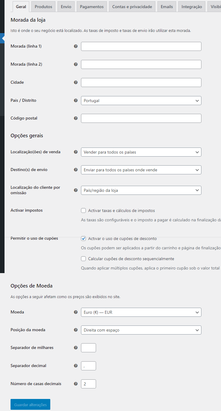 configuração geral do woocommerce