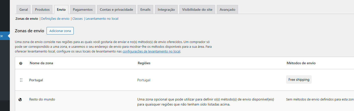 opções de envio Woocommerce